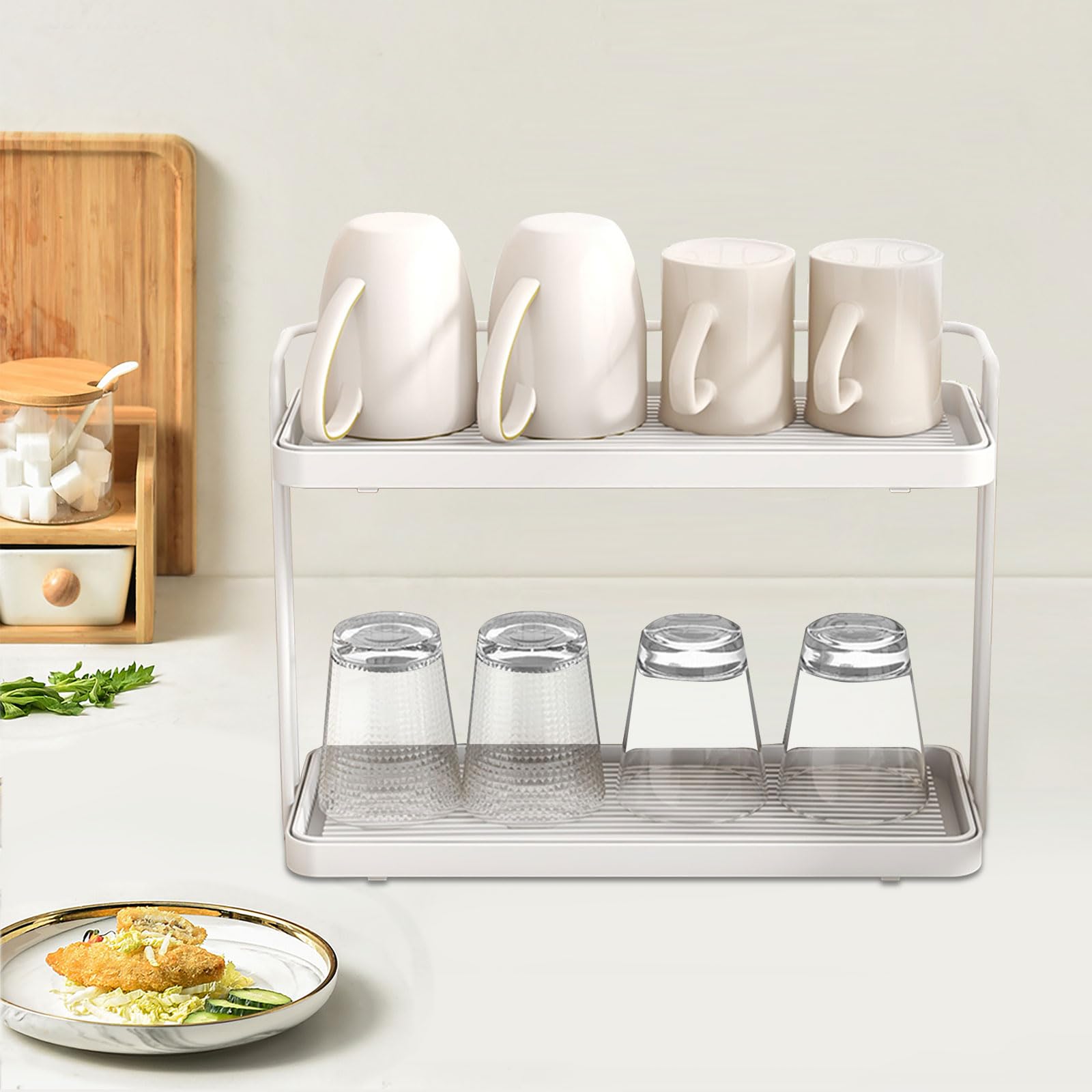 2 Strati Scolabottiglie, con Vassoio Antigoccia, Porta Tazzine da Caffè, Organizer per Piano di Lavoro Della Cucina, Scolapiatti per Biberon, per Bottiglie, Bicchieri e Tazze