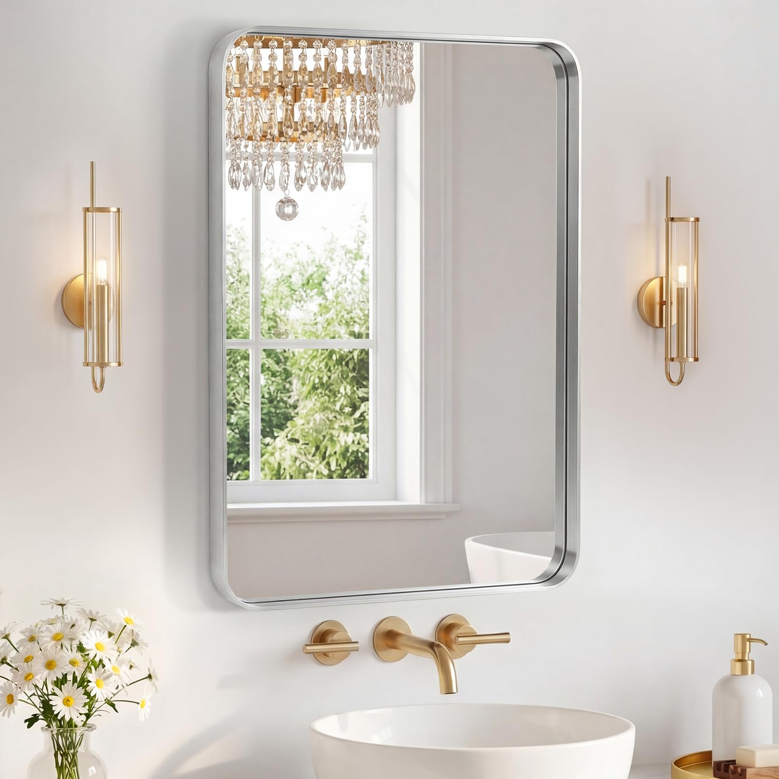 Sweetcrispy Bathroom Mirror 28x20 Inch Metal Framed Rounded Rectangle Vanity Mirror for Wall, Over Sink, Farmhouse, Restroom, Anti-Rust, Modern Decorative, Horizontal or Vertical Hanging, Silver
