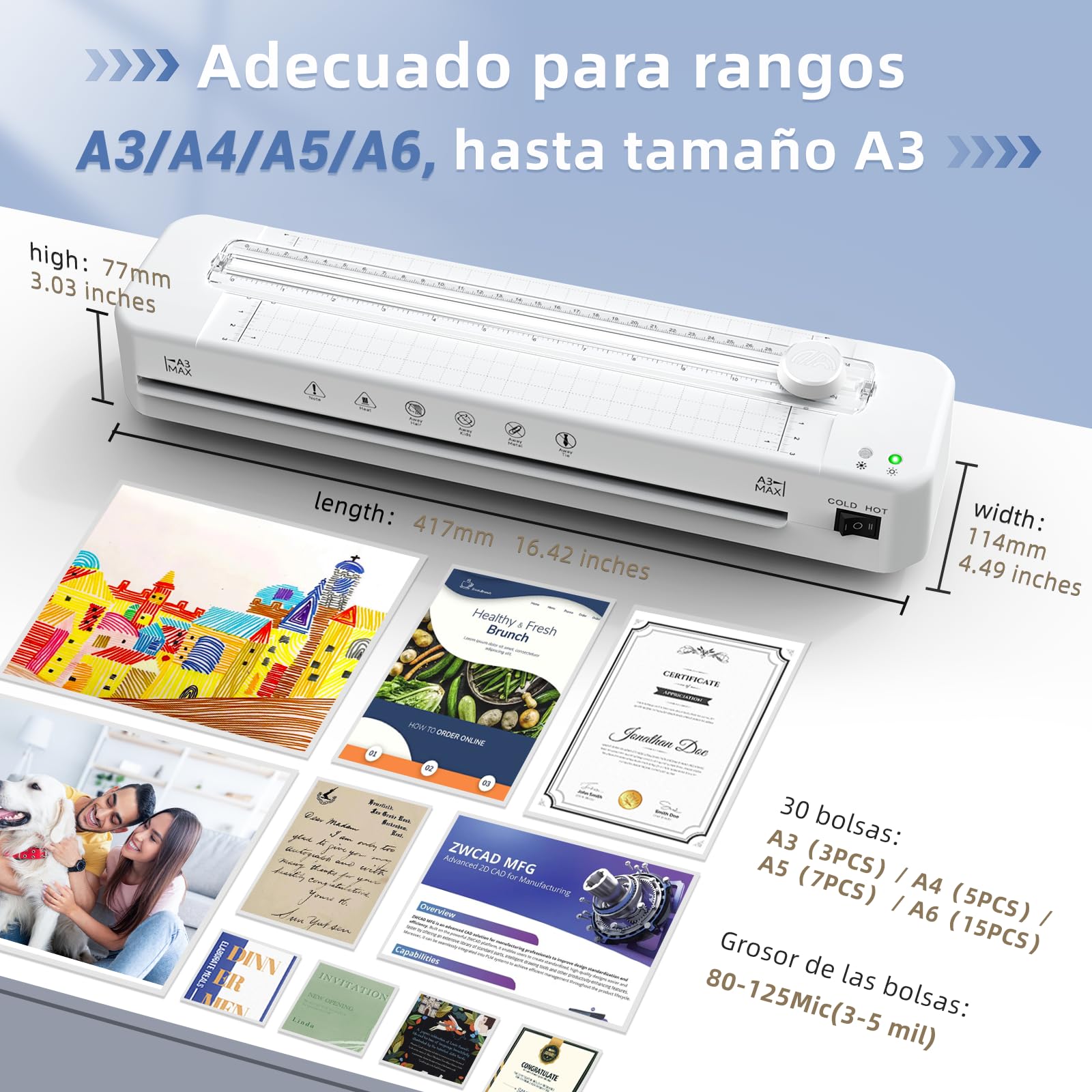 Crenova Plastificadora A3 con 30 láminas de laminación para A3/A4/A5/A6, máquina de laminación con cortador de papel y redondo de esquina, juego de laminación en caliente y frío para oficina, hogar