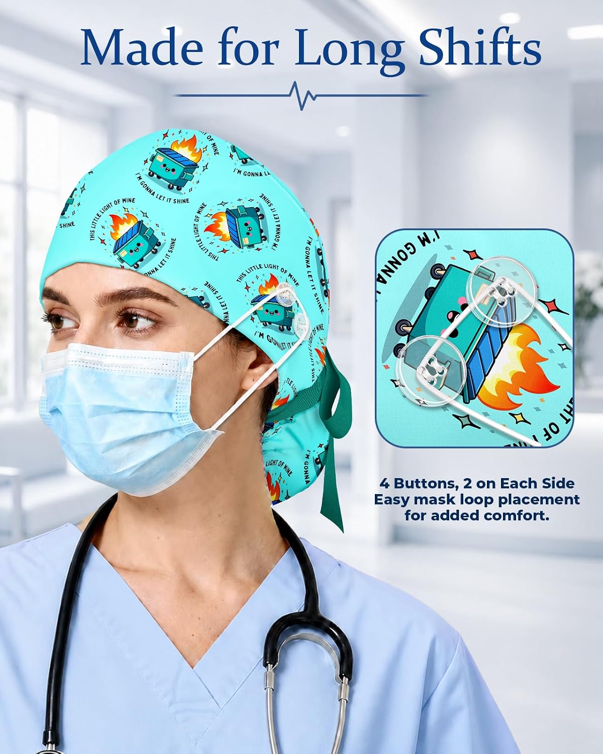 Plifal 100% Cotton Adjustable Ponytail Scrub Cap with Buttons & Sweatband | Unlined Surgical Cap with 2 Scrunchies for Women Nurses, Multiple Prints Available