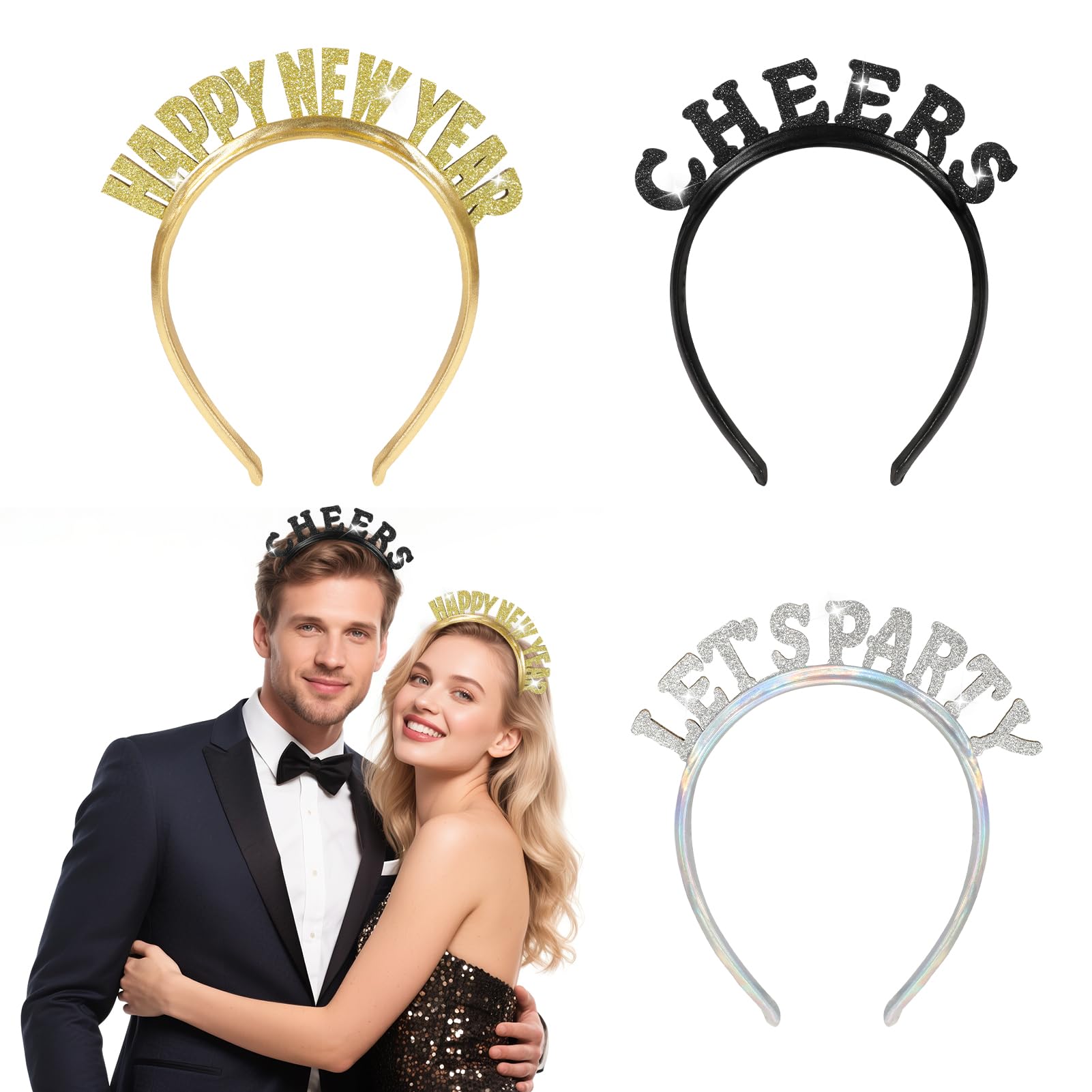 DPKOW 3pcs Glitter Happy New Year Headbands Tiara Hair Accessories New Years Eve Decorations 2026 Black Gold Silver Lets Party Cheers Headband Headdress NYE Party Favors 2026 NYE Photo Booth Props Kit