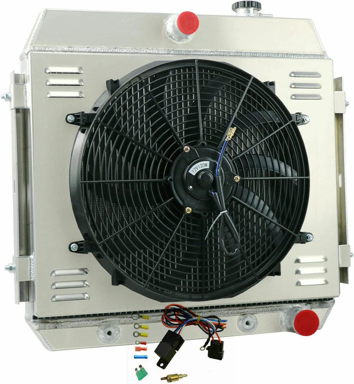 Aluminum Radiator for 1955 1956 1957 Chevy Bel Air/Sedan Delivery/Two-Ten Series/One-Fifty Series/Nomad 57 Del Ray 3 Row Radiators Shroud 16" Fan Relay Kit