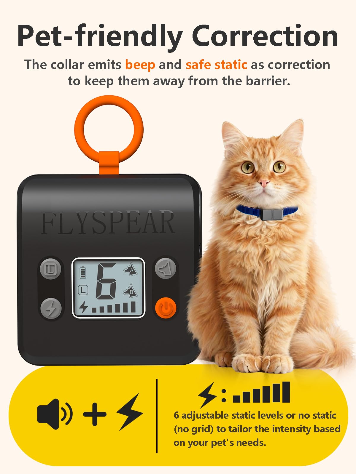 FLYSPEAR Barrera inalámbrica para gatos, barrera recargable para interiores con 6 radios de rango ajustables de hasta 7 pies, 6 intensidades estáticas seguras ajustables, sistema de valla eléctrica