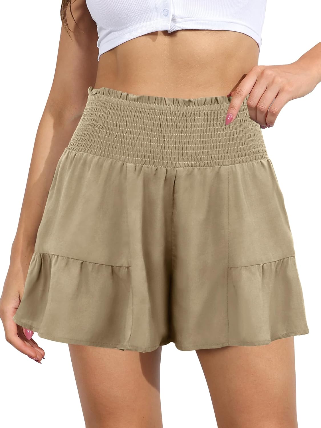 GUOLEZEEV 女性用ショーツ カジュアル サマー 伸縮性 ハイウエスト 流れるようなドレッシーなフリルショーツ ベルトレースア