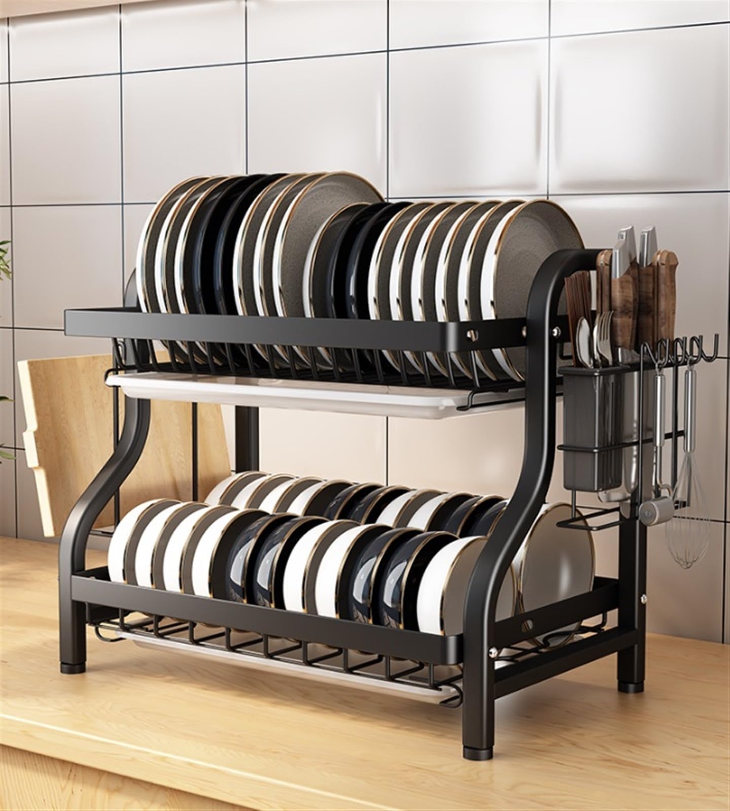Geschirrtrockner Organizer mit abnehmbarem Abflussbrett, Utensilienhalter für Küchentheke, Eisenkonstruktion, platzsparendes Design
