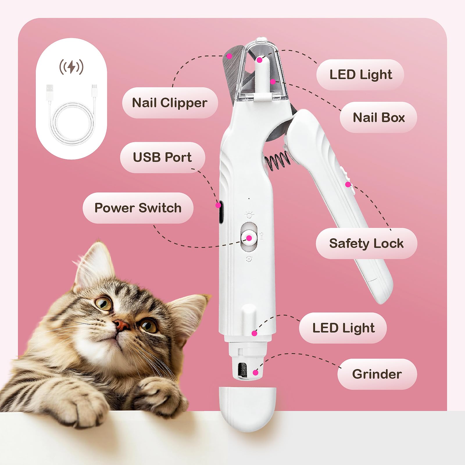 Safe 2-in-1 Dog & Cat Nail Clipper and Grinder LED Safety Light Illuminates the Quick to Prevent Over-Cutting or Bleeding, USB Rechargeable, Low Noise Motor Keeps Pets Calm Grooming for All Pet Sizes - image 5