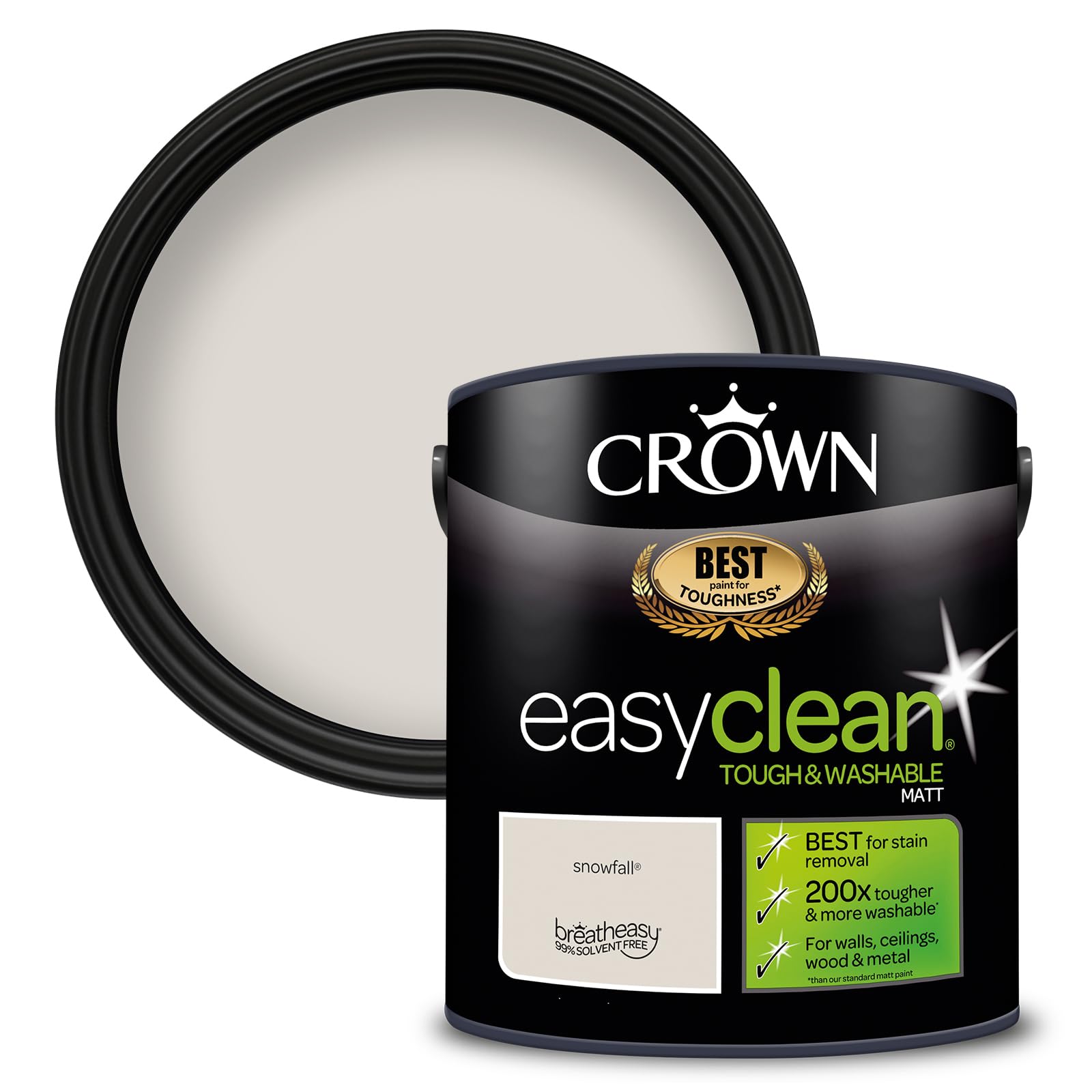 Crown Snowfall - Washable Matt Emulsion Paint for Walls and Ceilings - Stain Resistant - Neutral White Finish - Hallway and Playroom - Water Based, Low Odour Paint - 2.5L