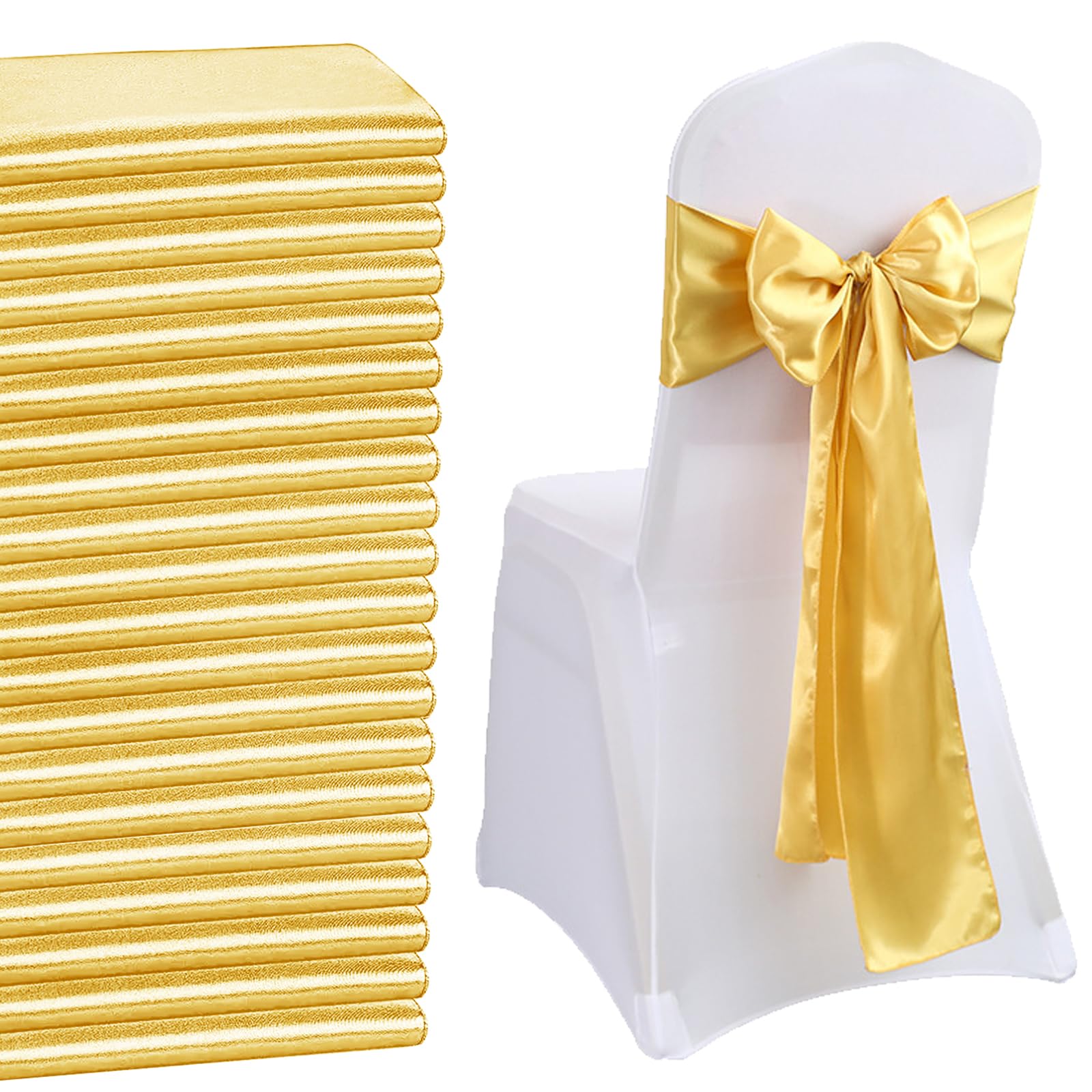 QeeFop Pack of 50 Gold Satin Sashes Wedding Chair Bow, Elastic Chair Sashes for Wedding Decoration, Birthday, Banquet, Party, Chair Decoration (Gold) — image 1