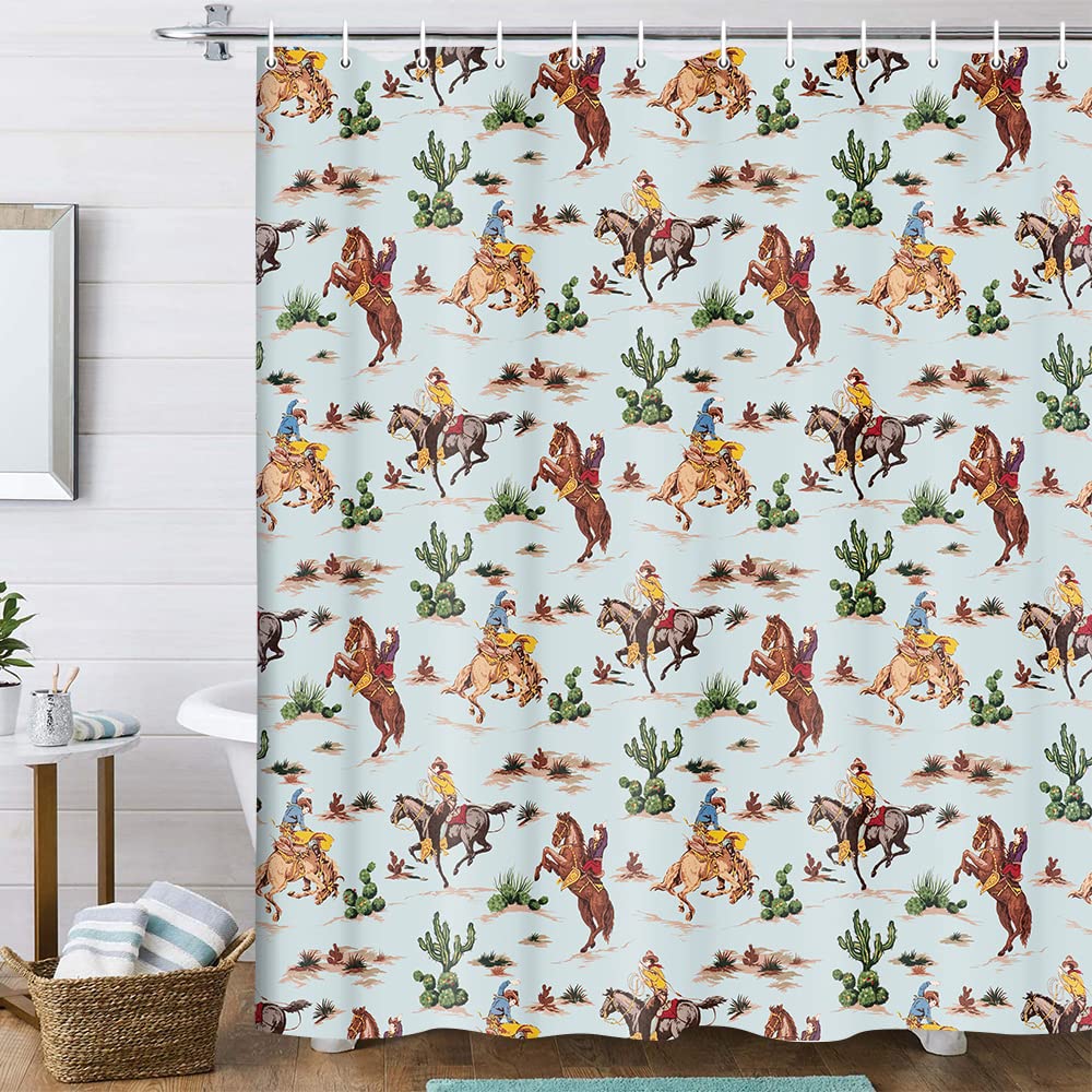 Western Cowboy Shower Curtain, Wild West Cowboy Ride Horse and Desert Cactus Shower Curtain for Bathroom, Cloth Fabric Wild West Aesthetics Bathroom Accessories12PCS Hooks, 70X70IN Teal Vintage