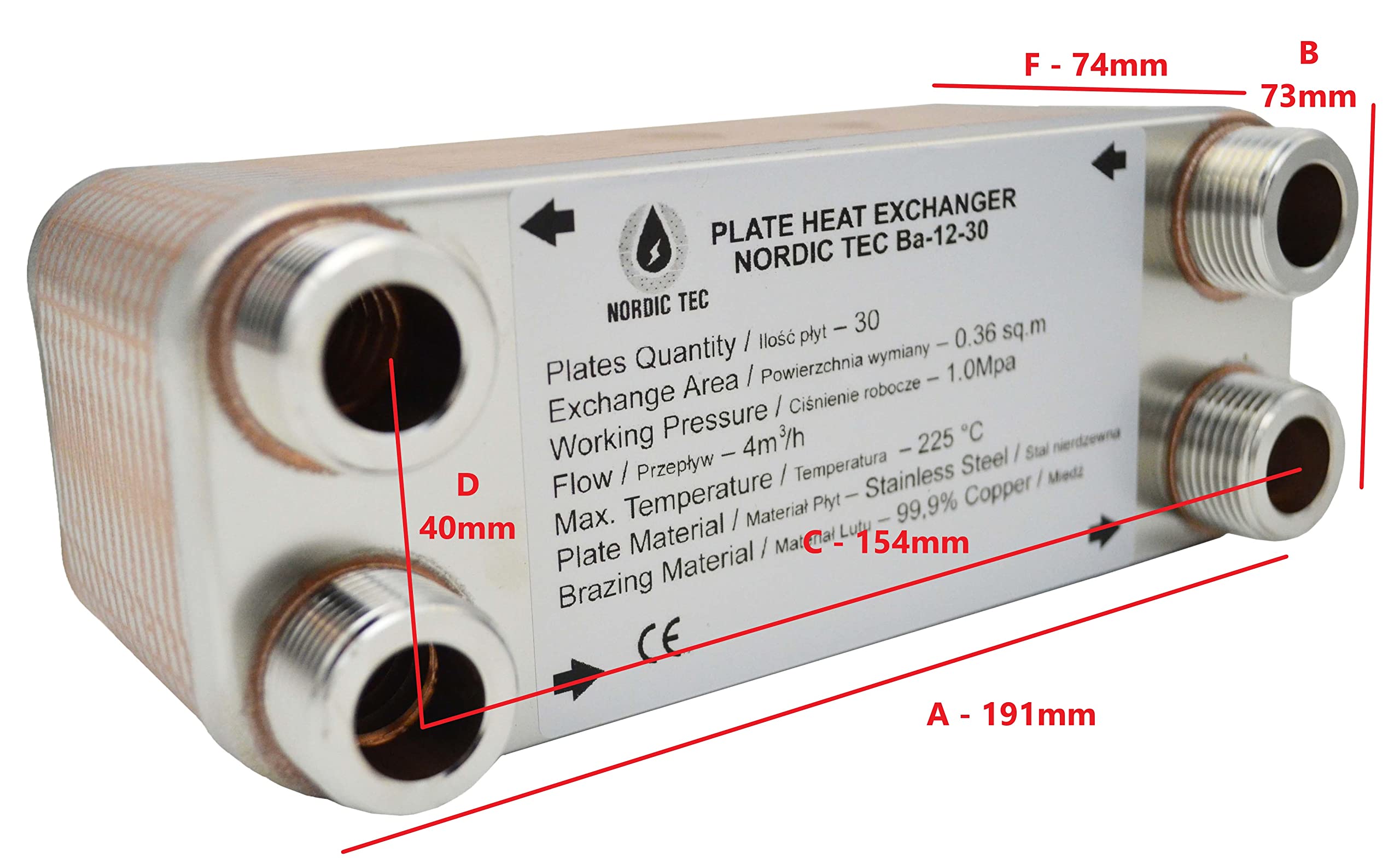 Intercambiador de calor Nordic Tec Ba-12-30 de acero inoxidable, 30 placas, 65 kW, 3/4" con fijación a pared y piezas de conexión.