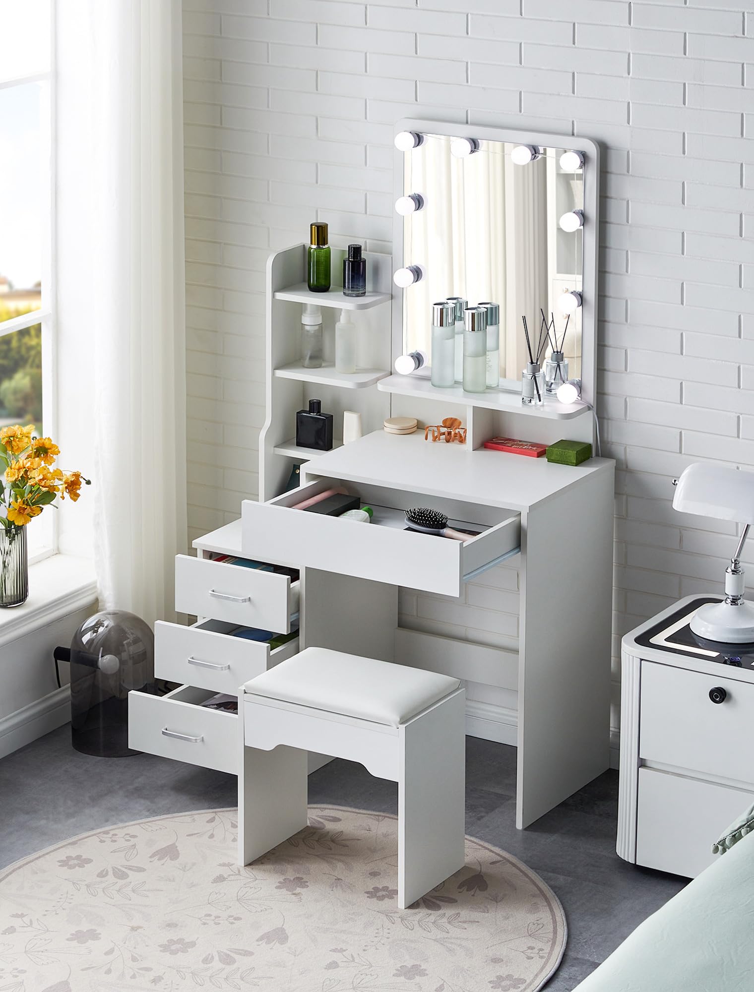 Coiffeuse Blanche Moderne Avec Miroir LED, 6 Tiroirs, Station De Recharge USB, Rangement Bijoux - Meuble Chambre Design Pour Maquillage Et Organisation - 9