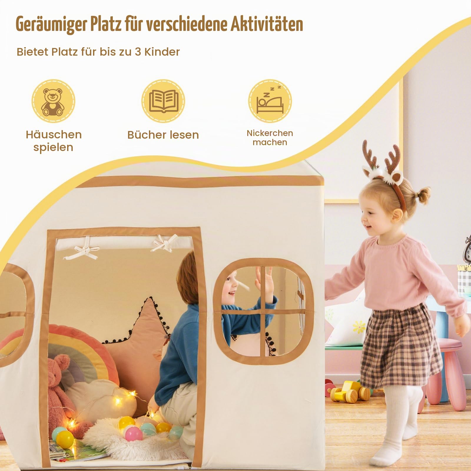 HOMASIS Kinderzelt Indoor, Kinder Spielhaus aus Baumwolle, Spielzelt mit Sternenlichtern & gepolsterter Matte & 4 Fenstern & Vorhang, Prinzessin Zelt für Jungen & Mädchen ab 3 Jahren (Beige+Schwarz)