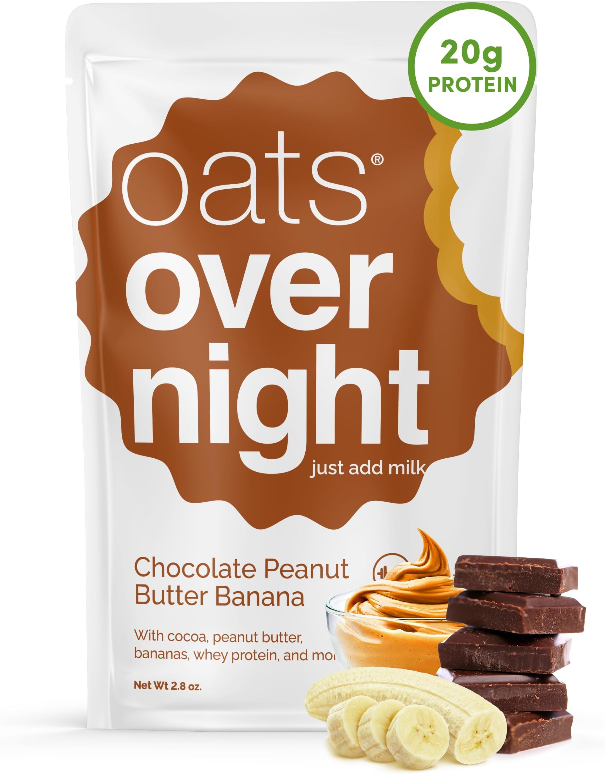 - Oats Overnight Chocolate Peanut Butter Banana - Overnight Oats with 20g Protein, High Fiber Breakfast Protein Shake - Gluten Free Oatmeal, Non GMO High Protein Oatmeal (2.8 oz per meal) (8 Pack)