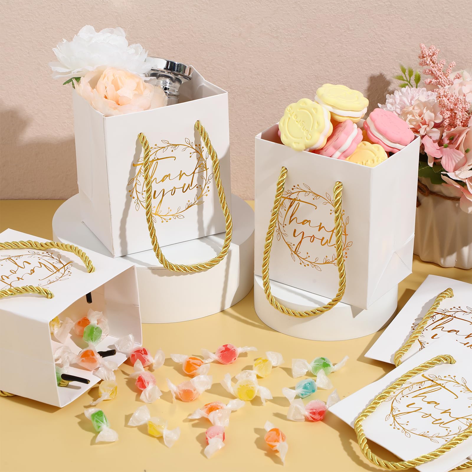 Yeaqee 50 Pcs Mini White Wedding Thank You Gift Bags 4 x 2.75 x 4.5 Inches Gold Bridal Shower Paper Bags with Handles Gift Bags Bulk for Business Celebration Birthday Bridesmaids Party