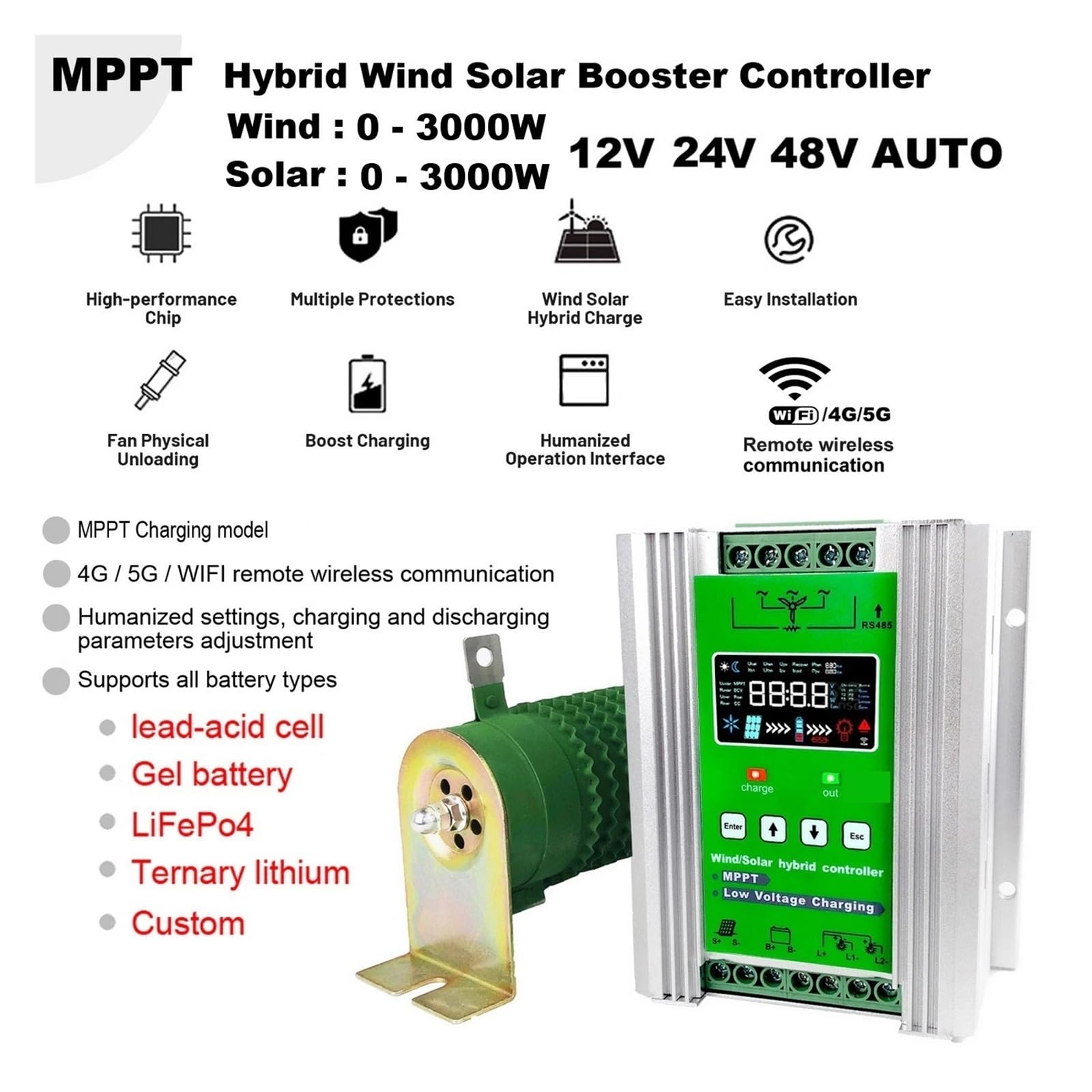 Regolatore Di Carica Ibrido Solare Eolico MPPT 12 24 48 V 80 A 120 A Con Display LCD E Monitor Wi-Fi For Batteria Facile Da Usare(2500W 2000W,With WiFi,12V24V)