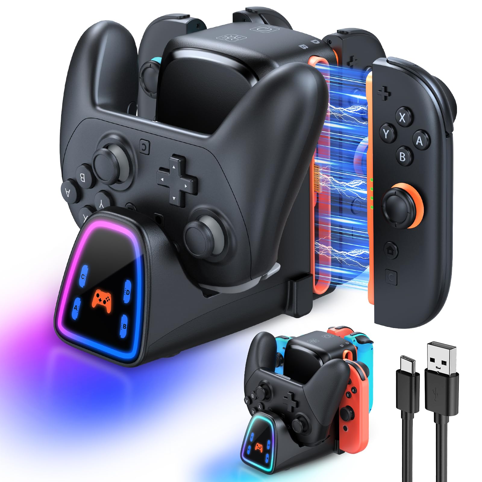 [para Switch 2/1] 9 en 1 Controller estación de carga para Joy Con 2/1 y para Pro Controller 2/1, cargador rápido para Nintendo Switch 2/Switch 1/OLED/P-ro accesorios con luces RGB