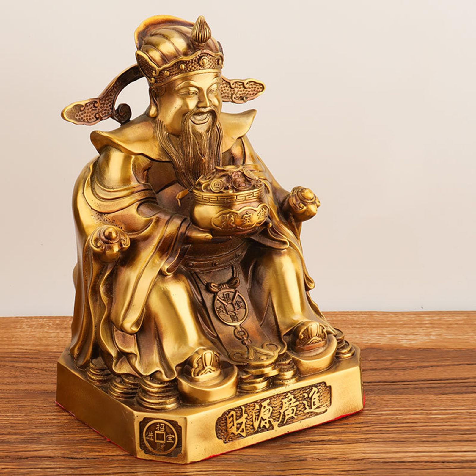 Mosiężna statua boga bogactwa, chińska tradycyjna figurka Feng Shui Caishen | Trzyma skarbiec szczęście bogactwo bóstwo, rzeźba do domowego biura wystrój sklepu, ozdoba na prezent na otwarcie firmy