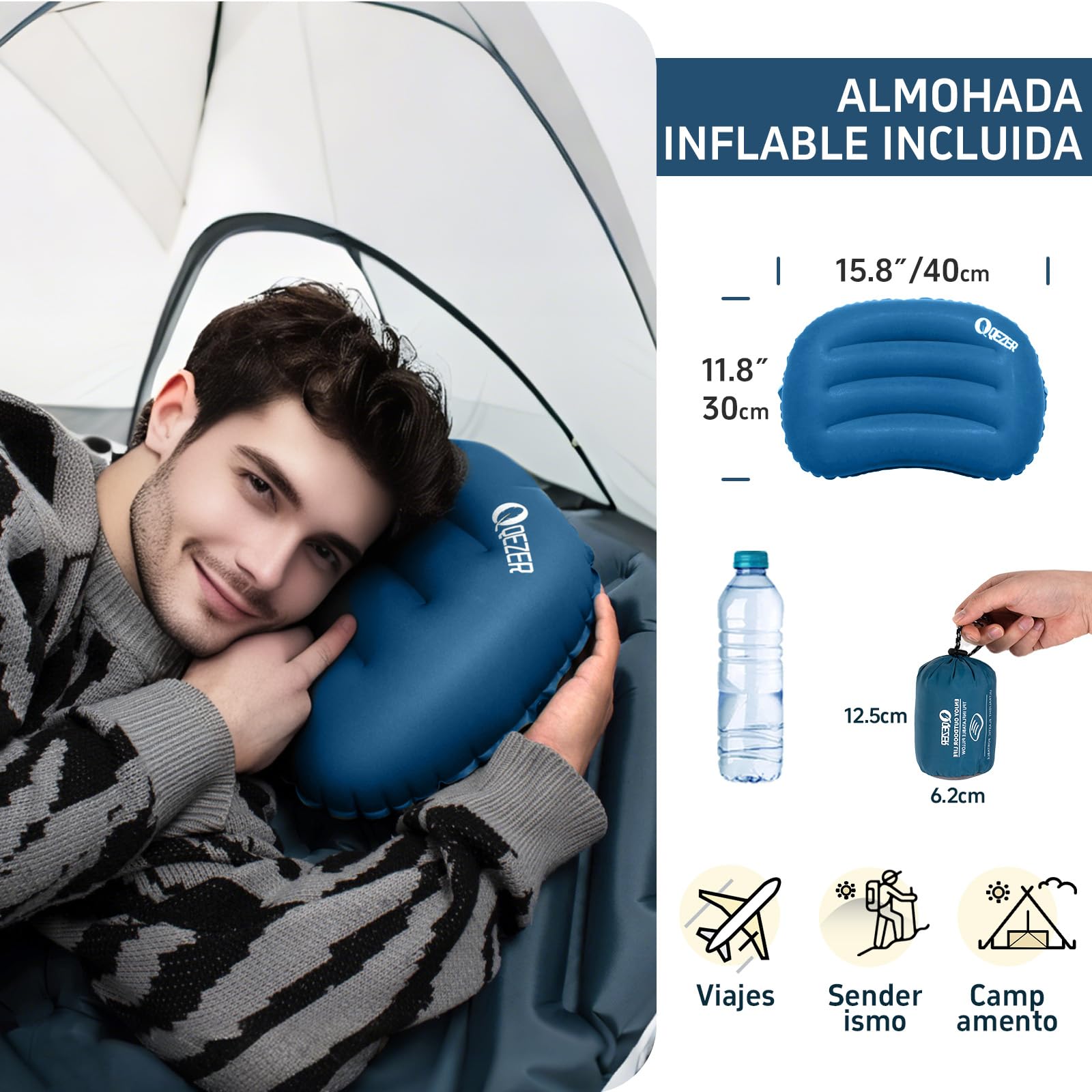 Colchón Inflable Ultraligero (Almohada). Colchón Inflable portátil para Playa, Camping y Senderismo. (Azul)