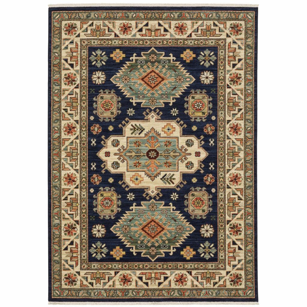 HomeRoots 509235 3 x 5 ft. Navy Charcoal Orange Rust Gold Pale Blue Olive Beige & Salmon Oriental Power Loom Stain Resistant Rectangle Area Rug with Fringe