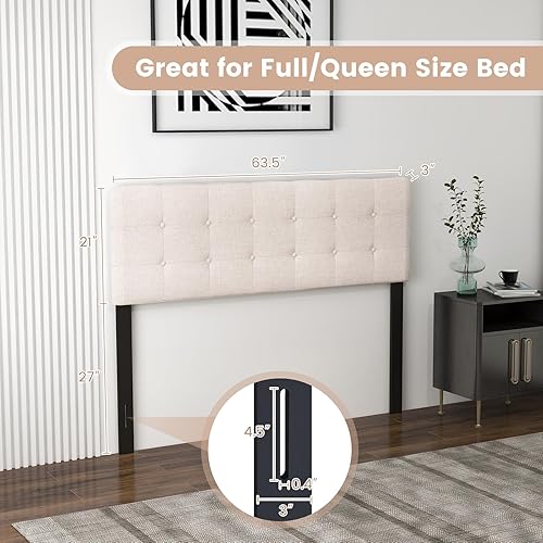 Miniatura 3 de KOMFOTT Cabecera tapizada de lino para marcos de cama Full y Queen, cabecero de cama con botones capitoné y patas de madera de caucho maciza,