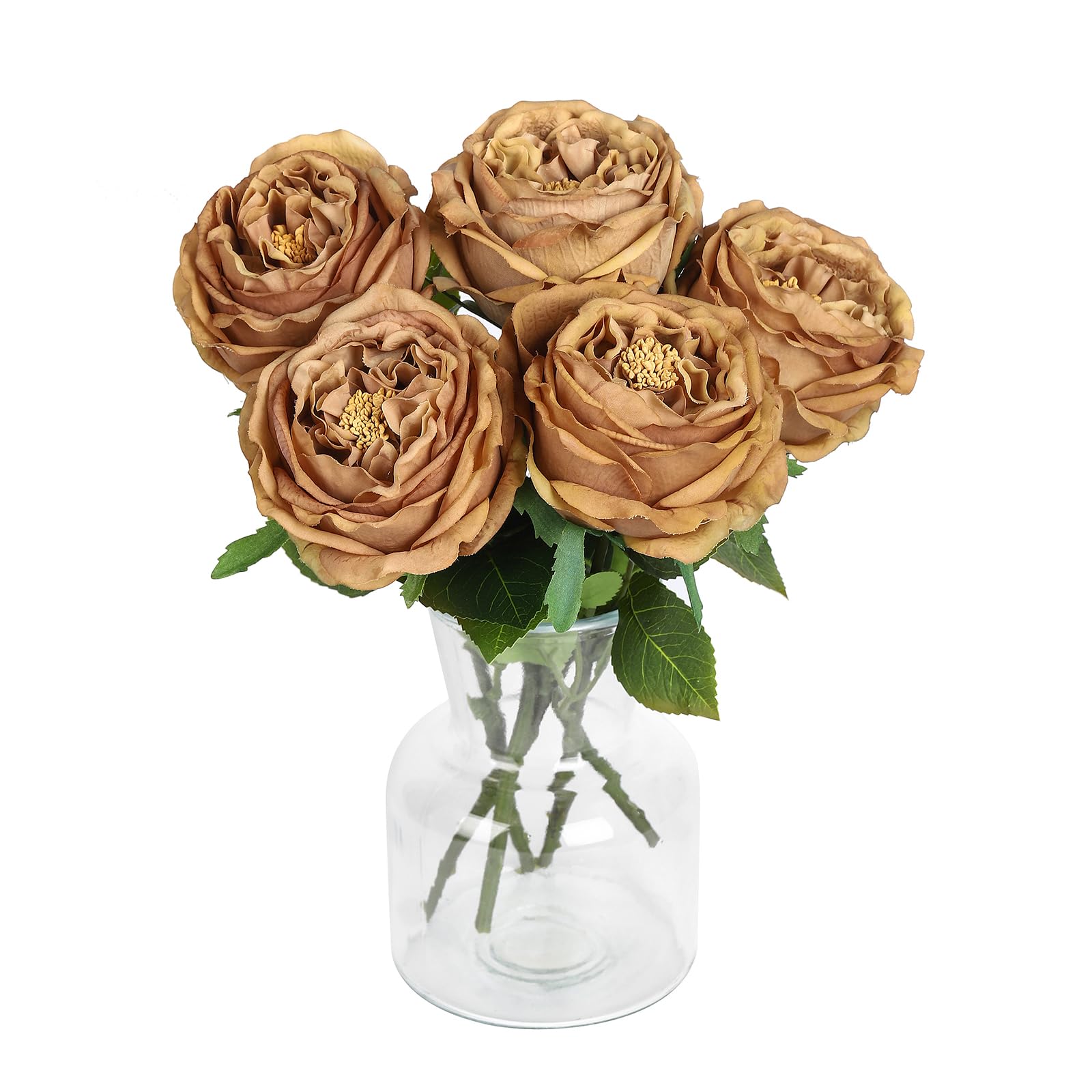 DuHouse 5Pcs Real Touch Silk Roses Fake Coffee Roses with Stems Artificial Flowers for Arrangement Wedding Party Home Decoration