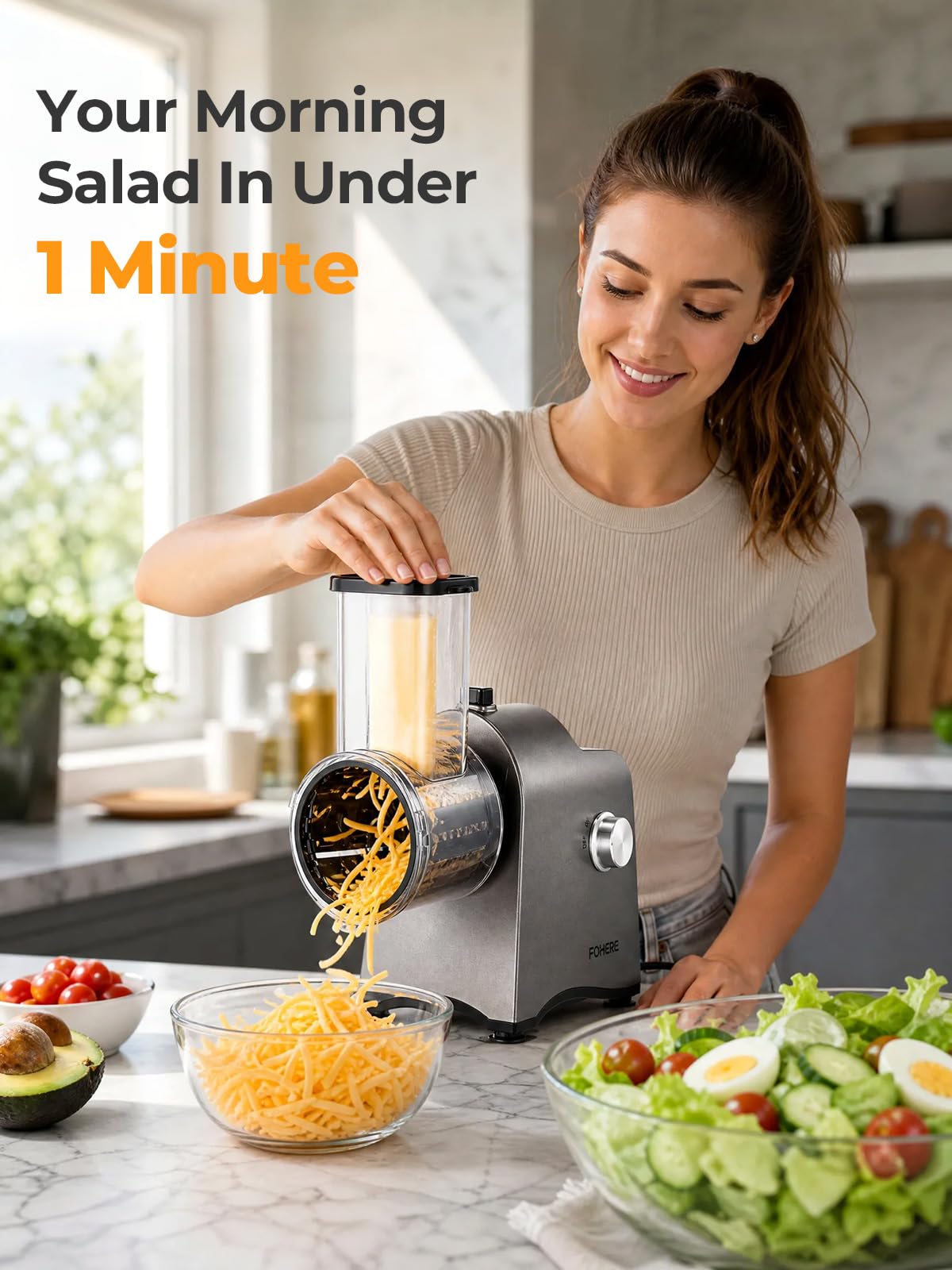 FOHERE Rallador de Queso Eléctrico 300W & Cortador de Verduras | 6 en 1 Cuchillas para Verduras Procesador de Alimentos de un Botón Para Cortar, Rallar y Moler Queso, Verduras