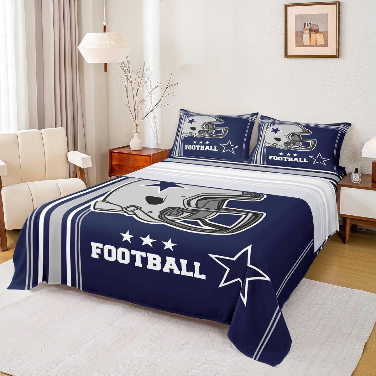 American Football Sheet Queen Size,Western Texas Star Cowboy Football Sports Bedding Set,Boys Men Room Decor,Rugby Helmet Geometric Stripes Blue Bed Sheet Set 4pcs(Fitted + Flat + 2 Pillowcases)