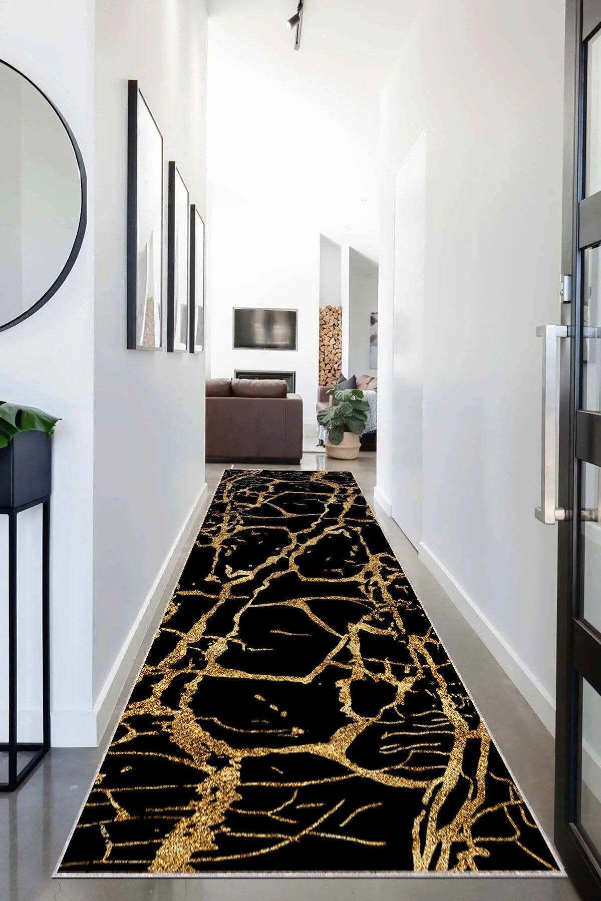 Pelangi Mermer Desenli Dijital Baskı Yıkanabilir Kaymaz Taban Salon Halı ve Yolluk, Siyah-Gold 80 x 300, 9555414803007