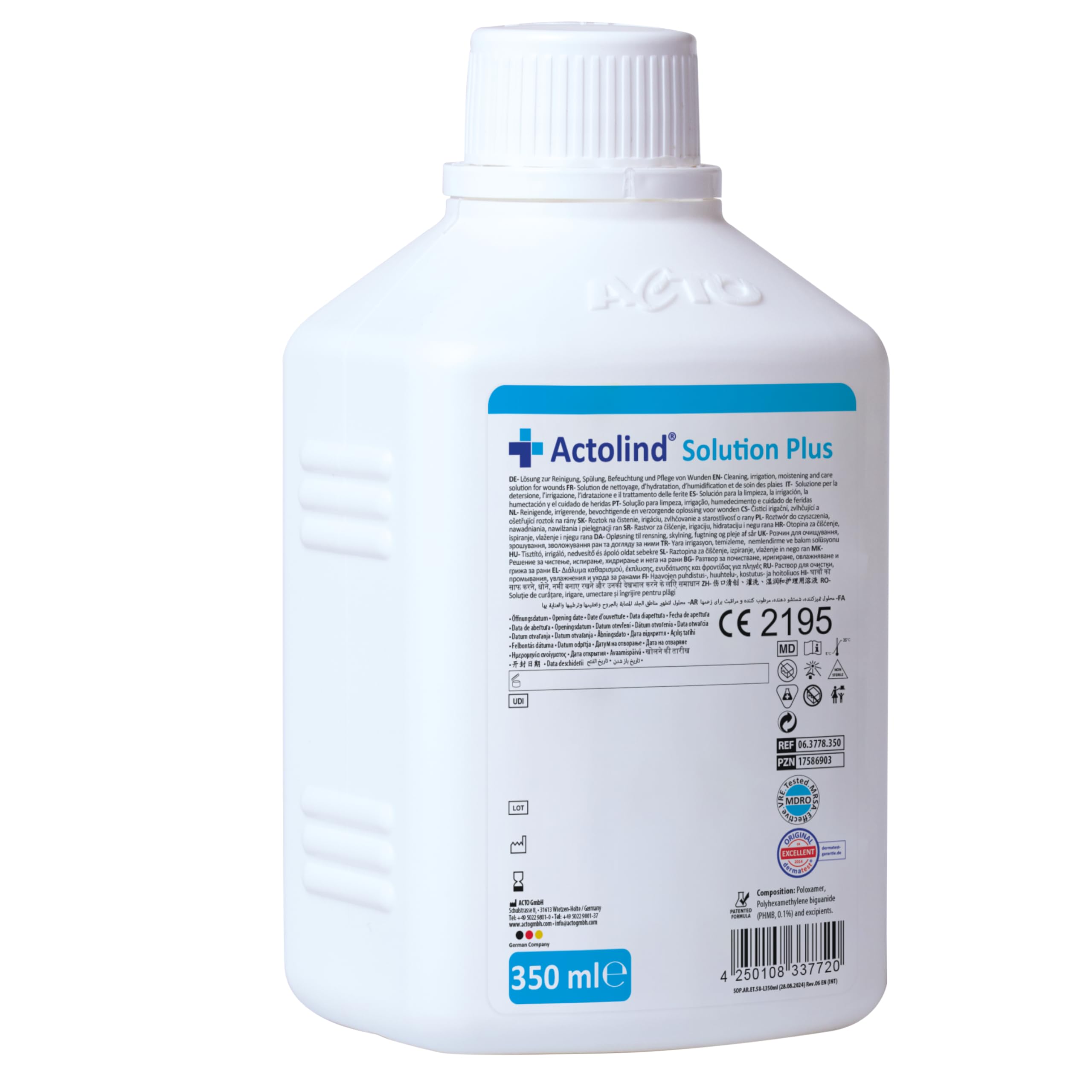Actolind Solution Plus 350 ml – soluzione antisettica per irrigazione delle ferite. Pulizia e idratazione indolore di ferite acute, croniche, infette e ustioni. Classe CE III secondo MPG. Con PHMB.