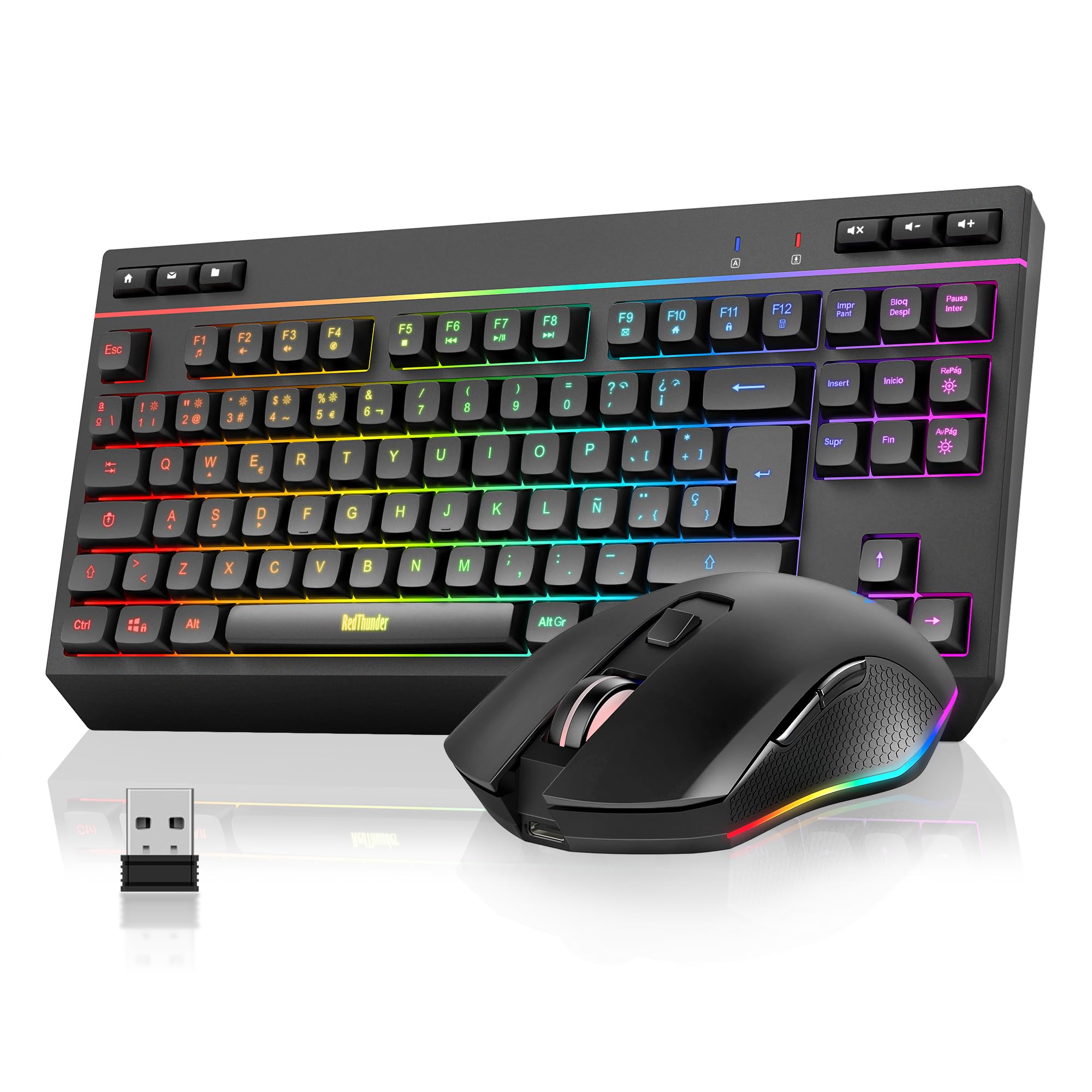 RedThunder K20 TKL Teclado Gaming Inalámbrico, Retroiluminación RGB Ajustable y Batería Recargable, Diseño Compacto con Disposición QWERTY ES y 6 Teclas Multimedia, Teclado USB para PC/Mac (Negro) Global Recycled Standard Global Recycled Standard Global Recycled Standard