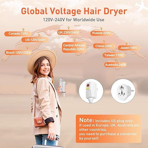 Miniatura 2 de Quico Secador de pelo de viaje con doble voltaje, secador de pelo de secado rápido de 120000 RPM para mujeres con 500 millones de iones negativos,