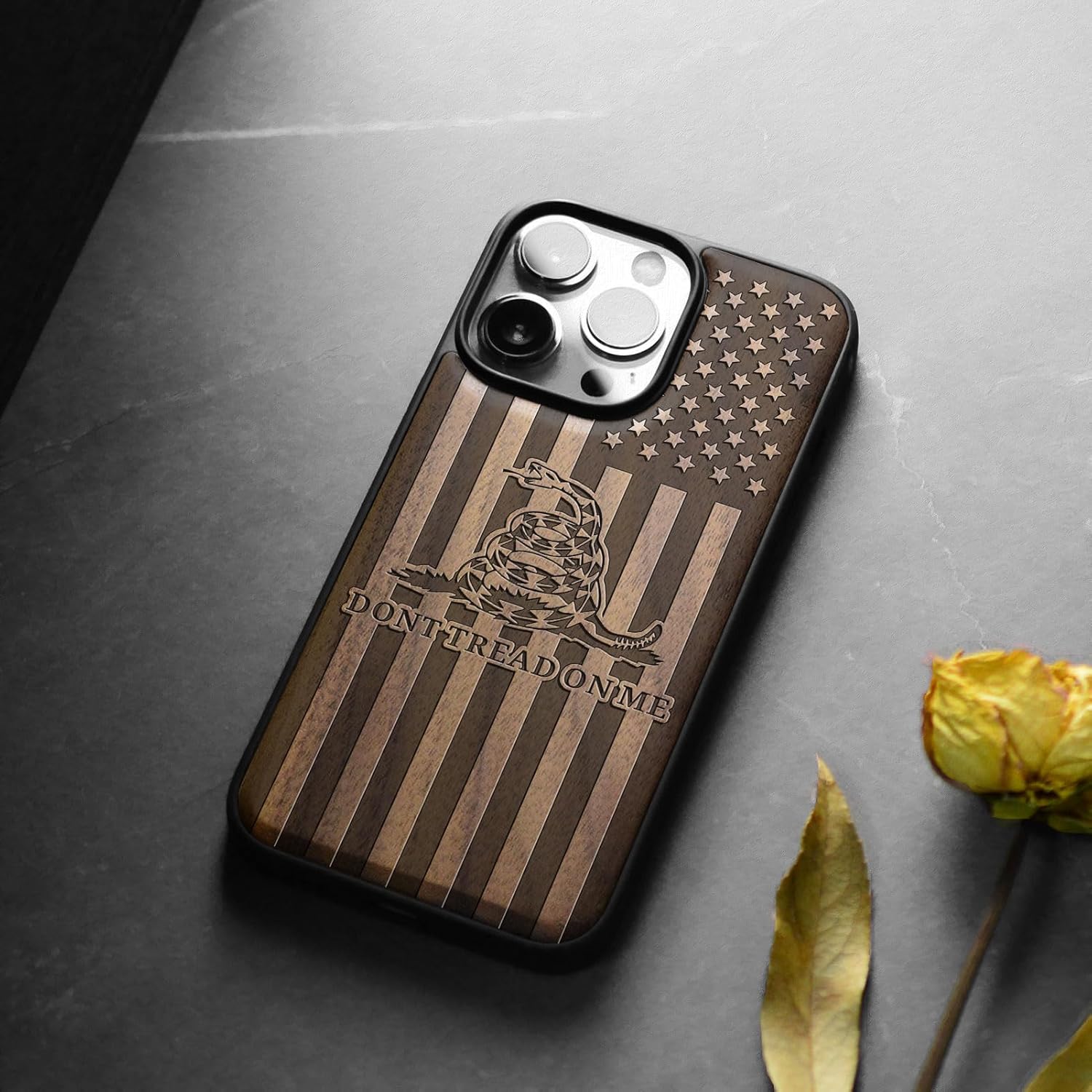 Carveit Magnetic Wooden Case for iPhone 15 Pro Max Case, Compatible with MagSafe Wireless Chargers, Black Soft TPU Shockproof Cover & Wood Artisan Engraved (Gadsden Flag) - Walnut