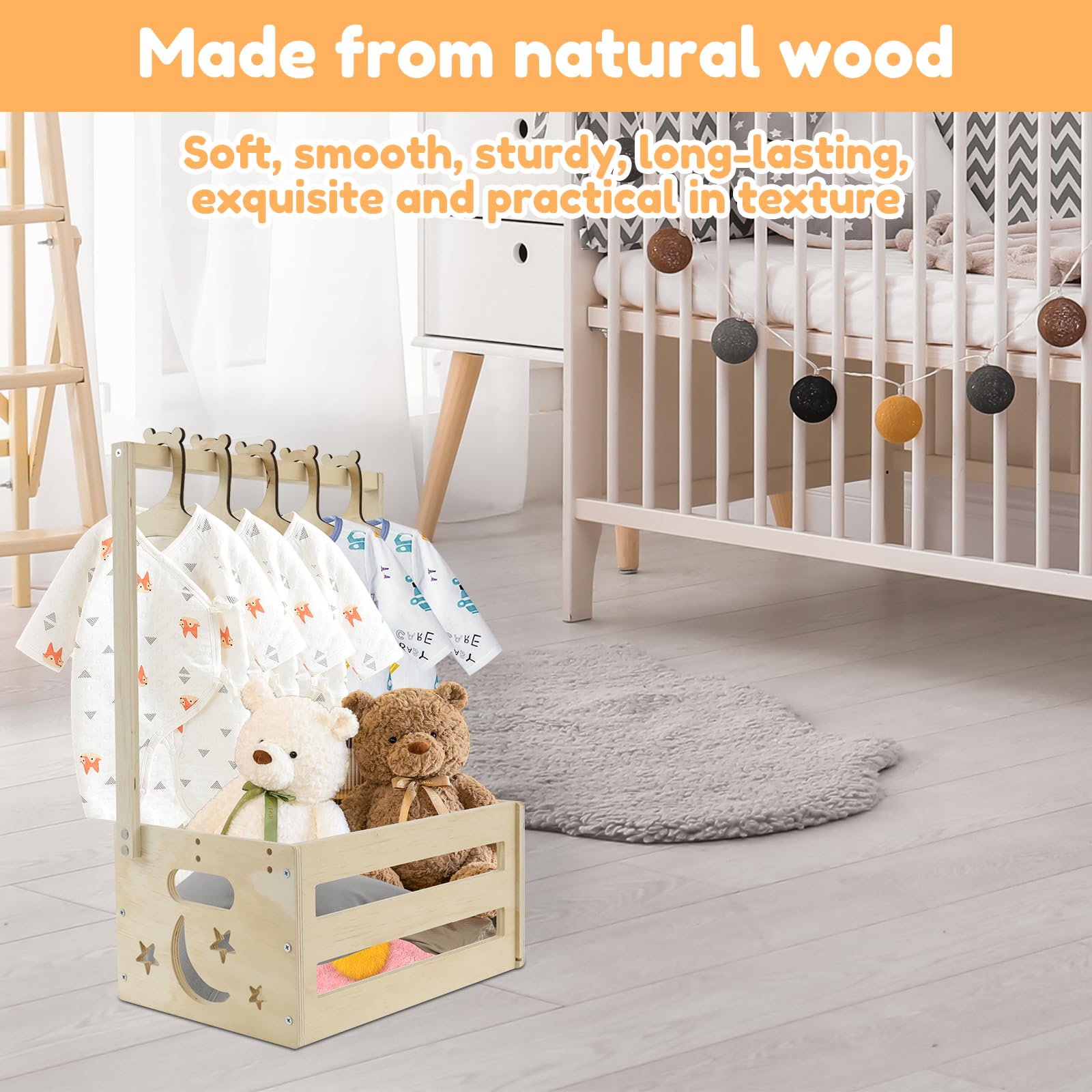 Cesta Madera Baby Shower Cesta de Almacenamiento Para Bebé con asa y 5 Perchas de Madera Armario para Baby Shower para Cumpleaños Navidad Nuevos Padres