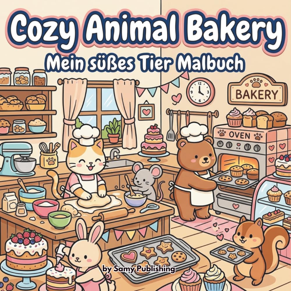 Cozy Animal Bakery – Mein süßes Tier Malbuch: 40 detailreiche Ausmalbilder mit süßen Tieren in gemütlichen Bäckerei- und Küchenszenen zum Entspannen für Jugendliche und Erwachsene