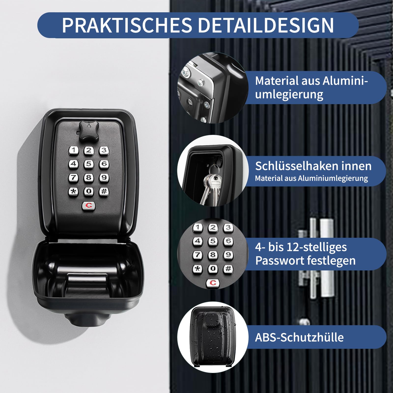 Schlüsseltresor mit Zahlencode, Wandmontage Schlüsselbox mit 12 Stellig Schlüsselsafe Groß Schlüsselsafe Aussen schlüsselkasten mit Wasserdicht Abdeckung für Haus, Garage, Büro, Schule