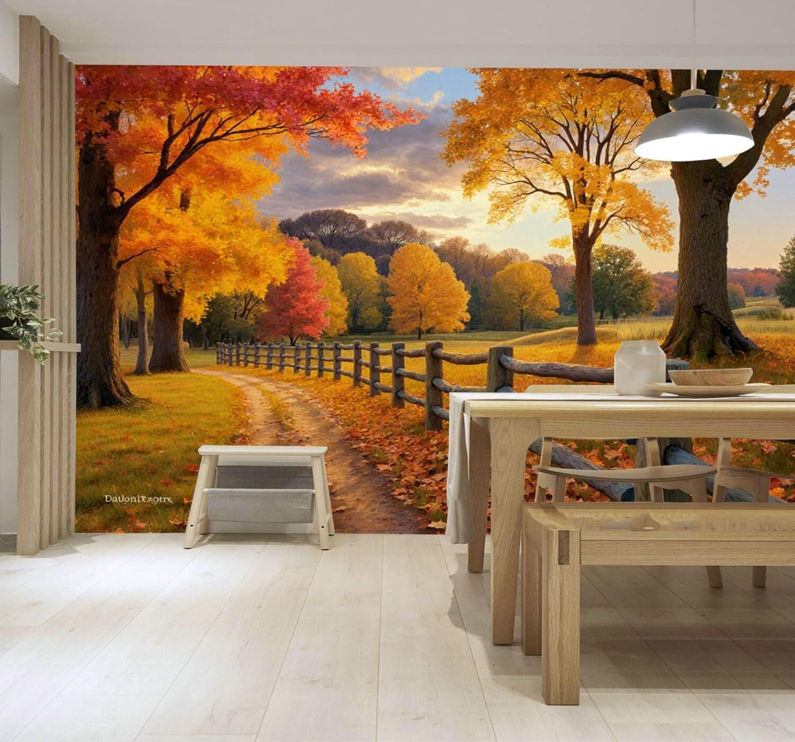 XLMING Autumn Forest Path Trees Golden Sunset Wooden Fence 3D Wallpaper Silky Texture Home Study Office Grey Dining Room Sofa Bedroom Living Room TV Backdrop-150cm×105cm
