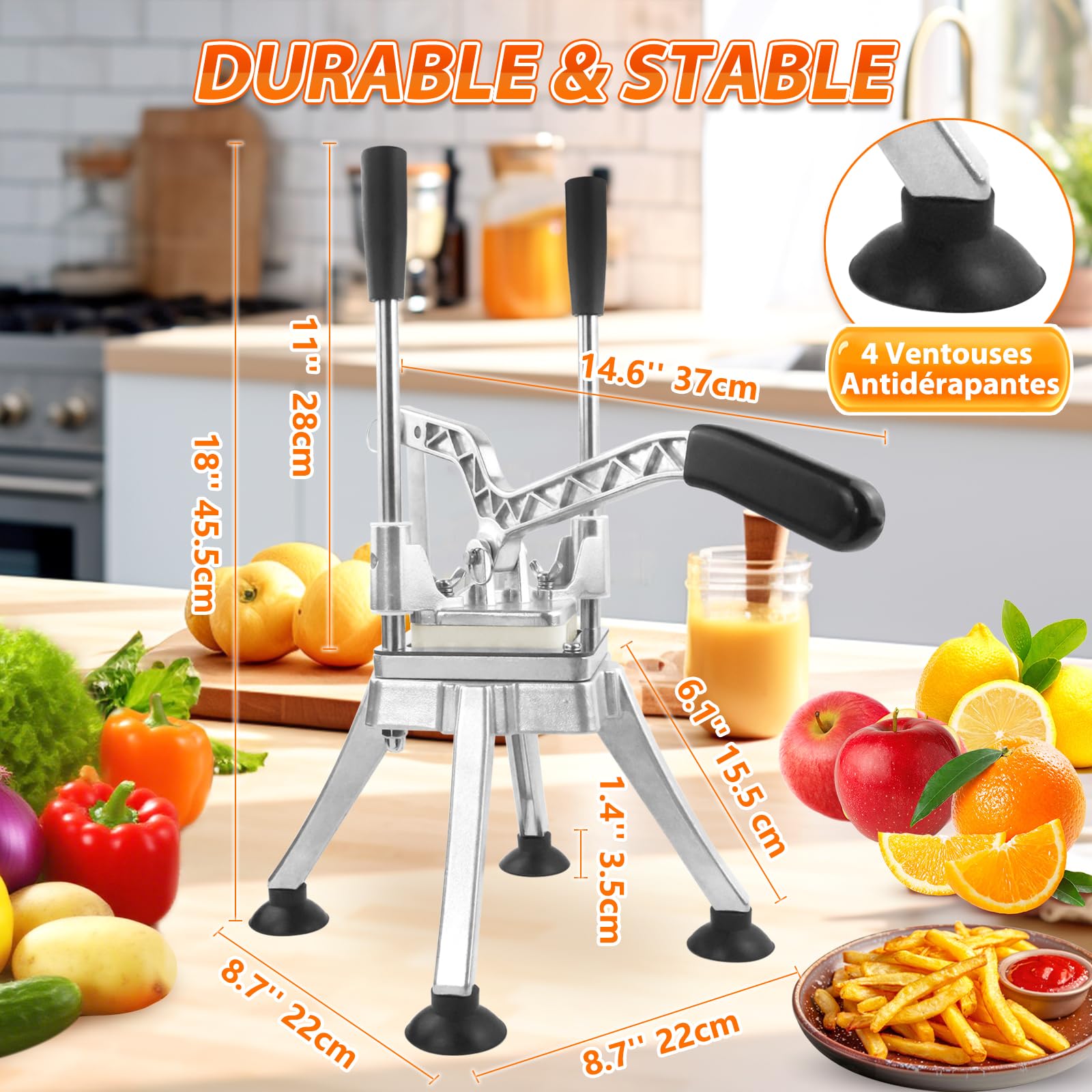 Anatole Coupe-Frites Professionnel Vertical avec 6mm 9mm 13mm Coin Lame en Acier Inox Coupe Pomme de Terre pour Frite Manuel Multifonctionnel pour Carotte Concombre Oignon Citron Fruit