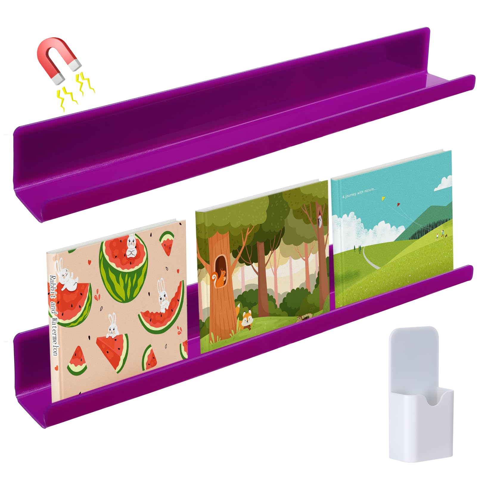 2 Pcs Magnetic Book Shelf for Whiteboard - Reusable Acrylic Magnetic Book Holder with a Pen Container, Book Display Shelf for Teacher Kids Classroom Office, Purple