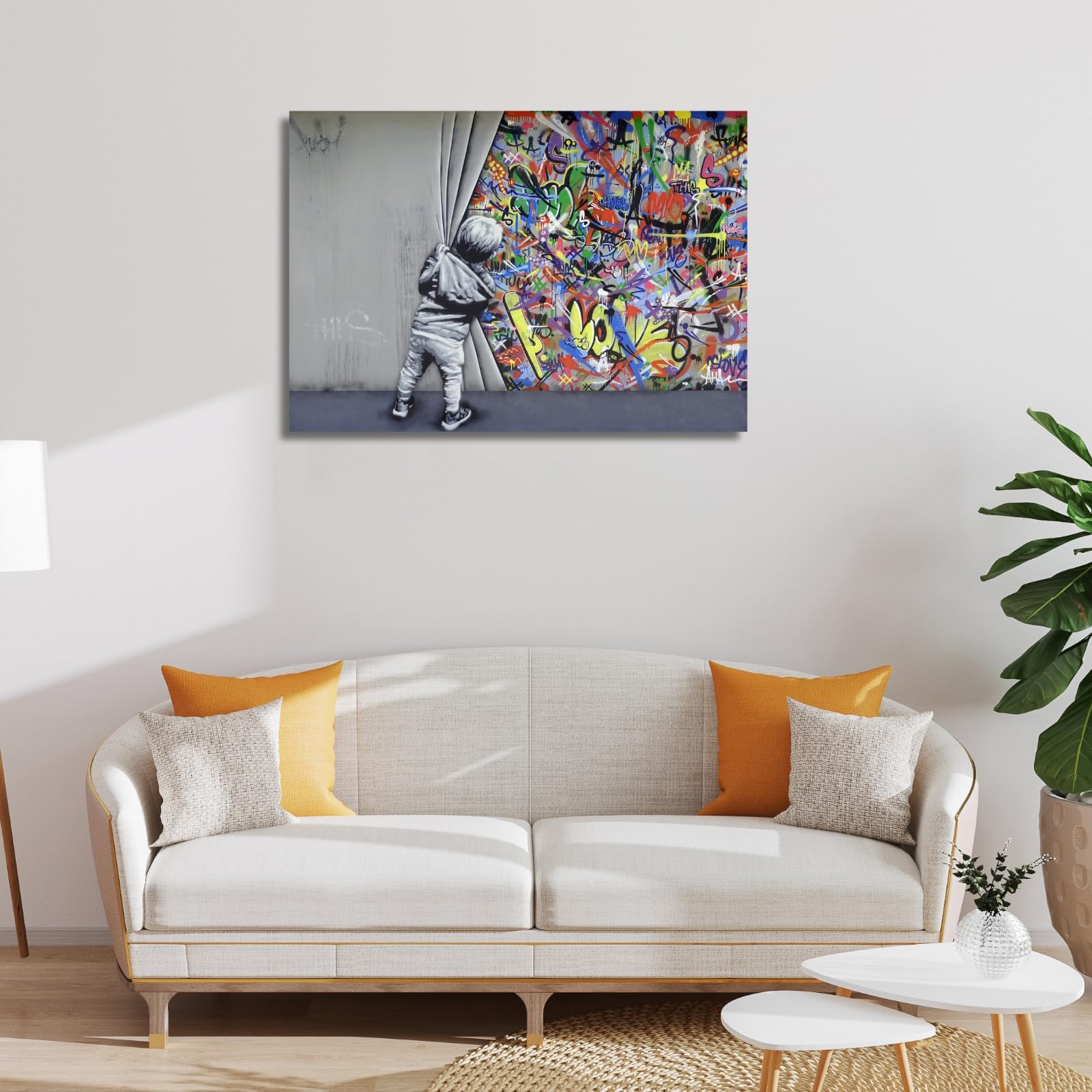 Quadro Moderno Banksy Su Tela 120x70 Cm - Bambino Apre Sipario - Street Art Per Soggiorno - Foto 11