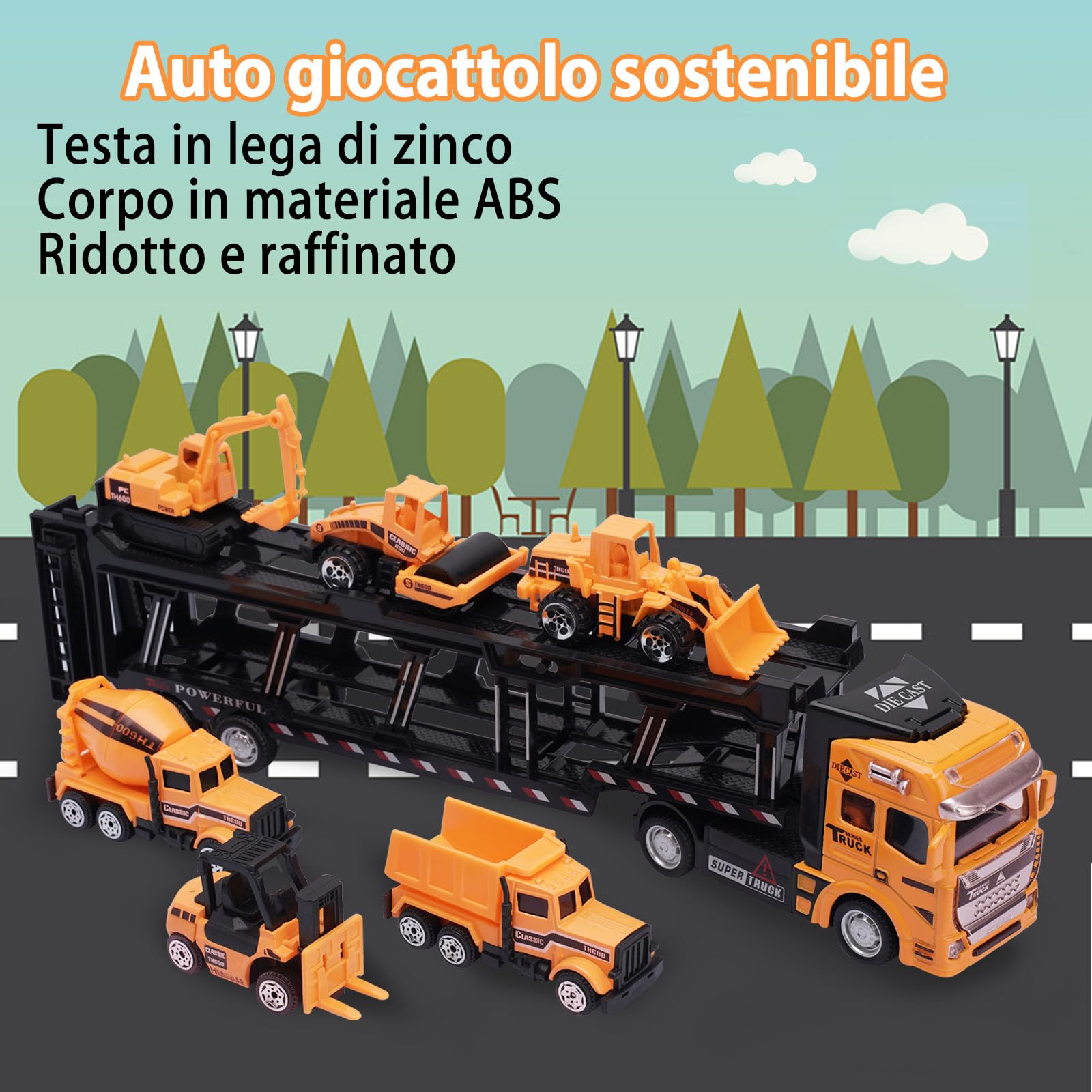 VBACALA Auto Trasportatore Giocattolo 7 Pezzi Set-Mini Cantiere Veicoli Camion, Diecast Tirare Indietro Auto in Metallo, Escavatore Giocattolo per Bambini 3+ Anni,Giocattoli Educativi
