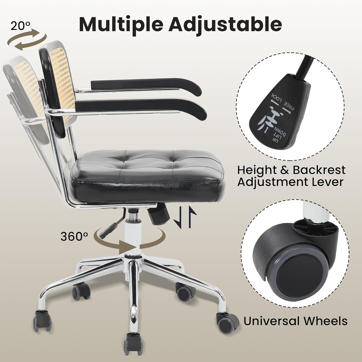 KROFEM Mid Century Modern Tilting Rattan Back Desk Chair with Wheels, 360 Swivel, Height Adjustable, Armrest, Perfect for Home Office, PU Leather, Black
