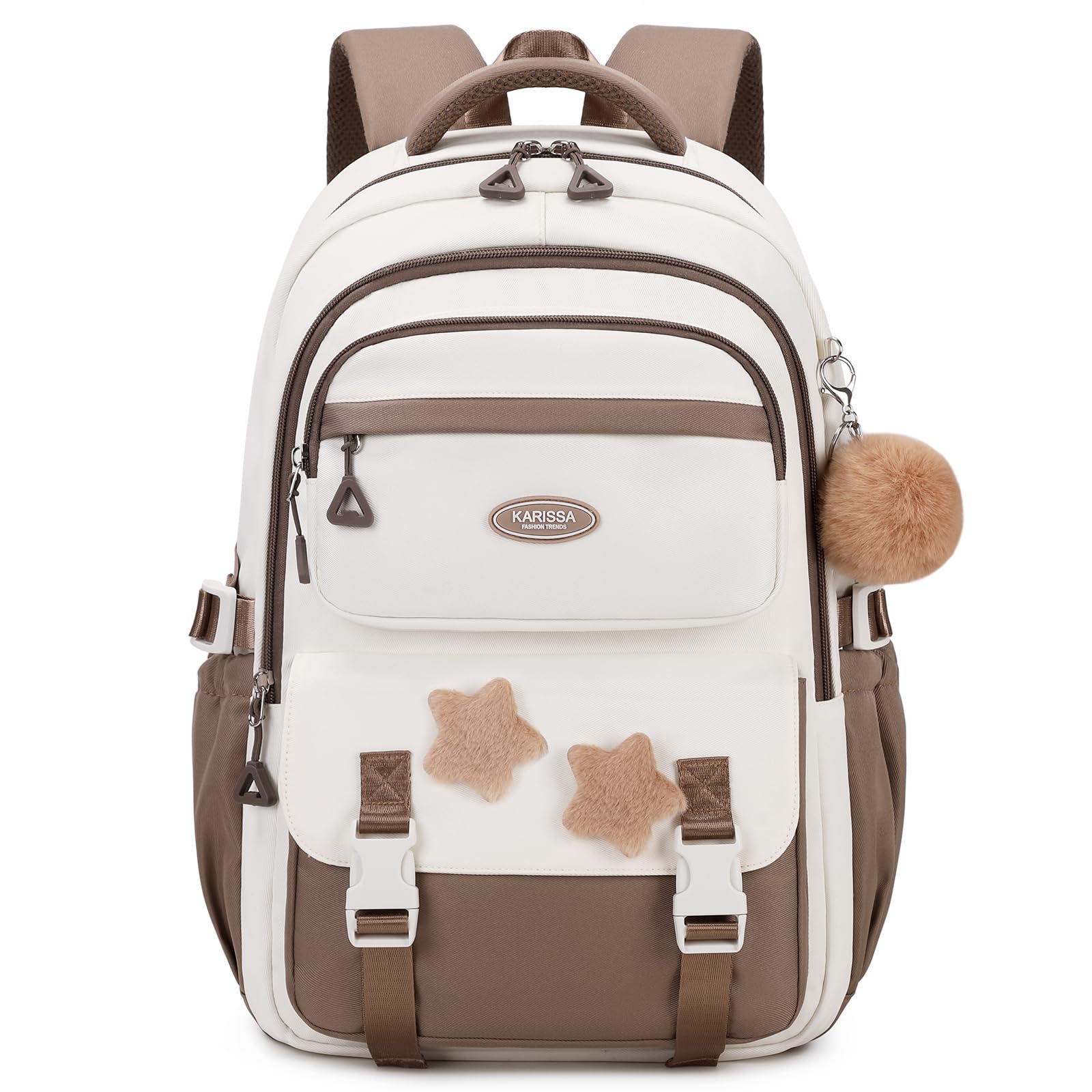 Amythe Schulrucksack Mädchen, Leichter Schulranzen 3.-5. Klasse, Braun | Großer Kinderrucksack mit Pom-Pom-Anhänger und Sternenabzeichen, Lässiger Rucksack für Teenager mit Trolleyband, Schulstart