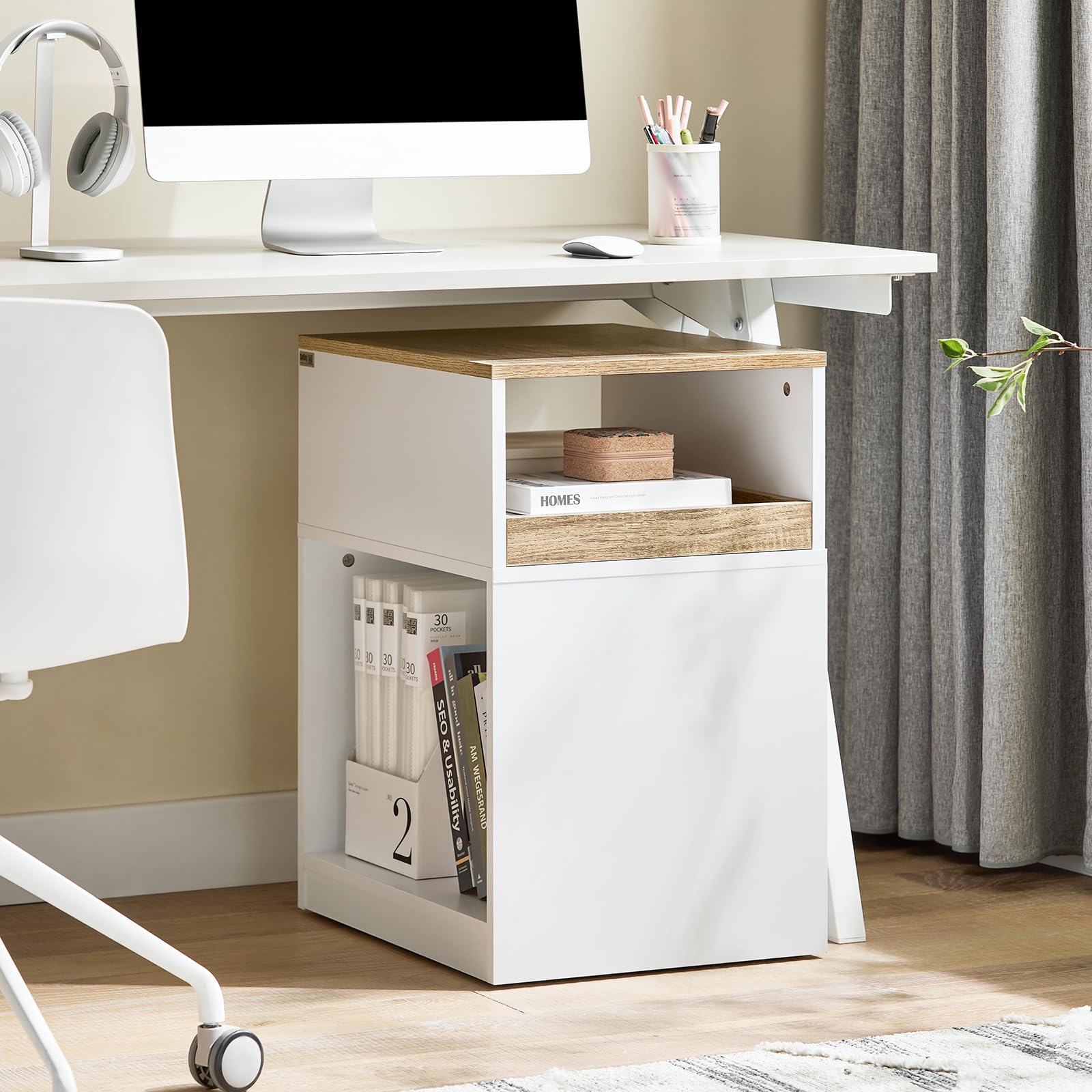 SoBuy Meuble Imprimante avec 3 Compartiments, roulettes Cachées 40x50x65cm | Support Imprimante avec Tiroir Amovible, Meuble de Rangement avec Espace de Stockage pour Bureau, Blanc-Nature, ASK08-WN