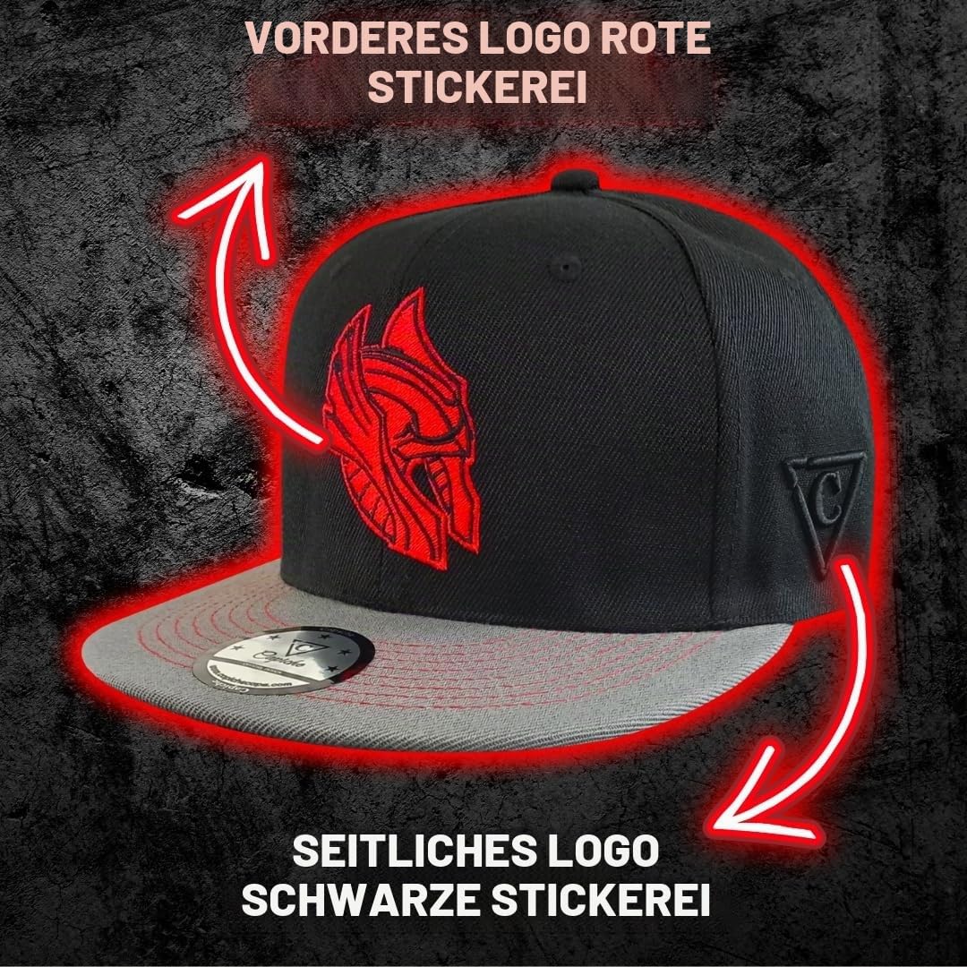 Capiche Schwarze Snapback caps Herren, Titans, Grauer Flachvisier-Baseballcap, Cappy mit rotem Logo, Krieger-Hut, Stark kämpfende Bart, Tattoo Kunstwerk unter Visier, Mittelalterliches Sparta