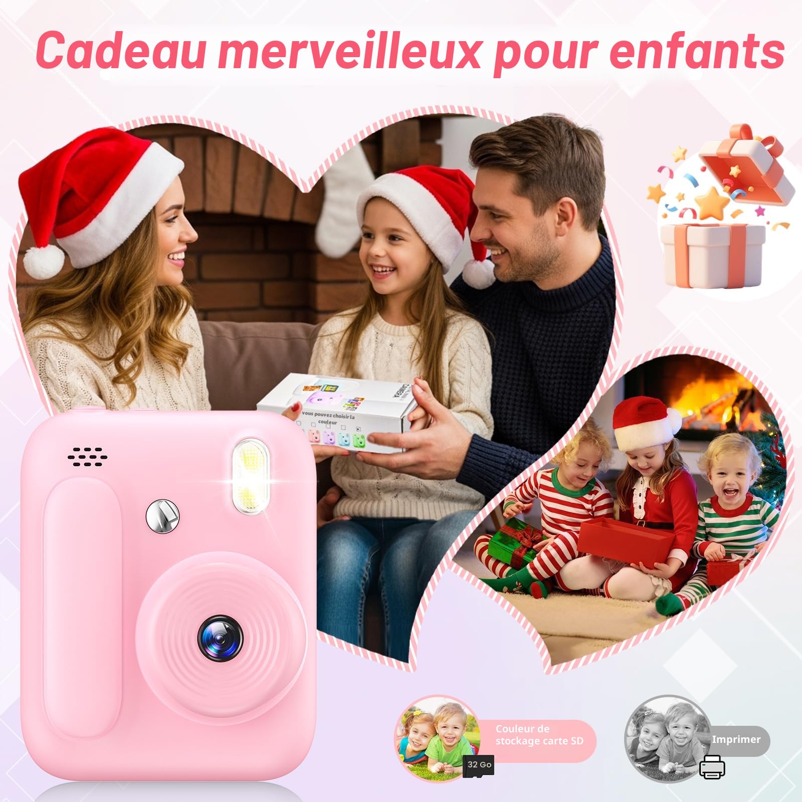 Appareil Photo Instantané Enfants,1080P Appareil Photo Enfant avec 5 Rouleaux de Papier,Carte 32GB et Stylos de Couleur,Appareil Photo Numérique Portable pour Garçons et Filles de 3-14 Ans (Rose)