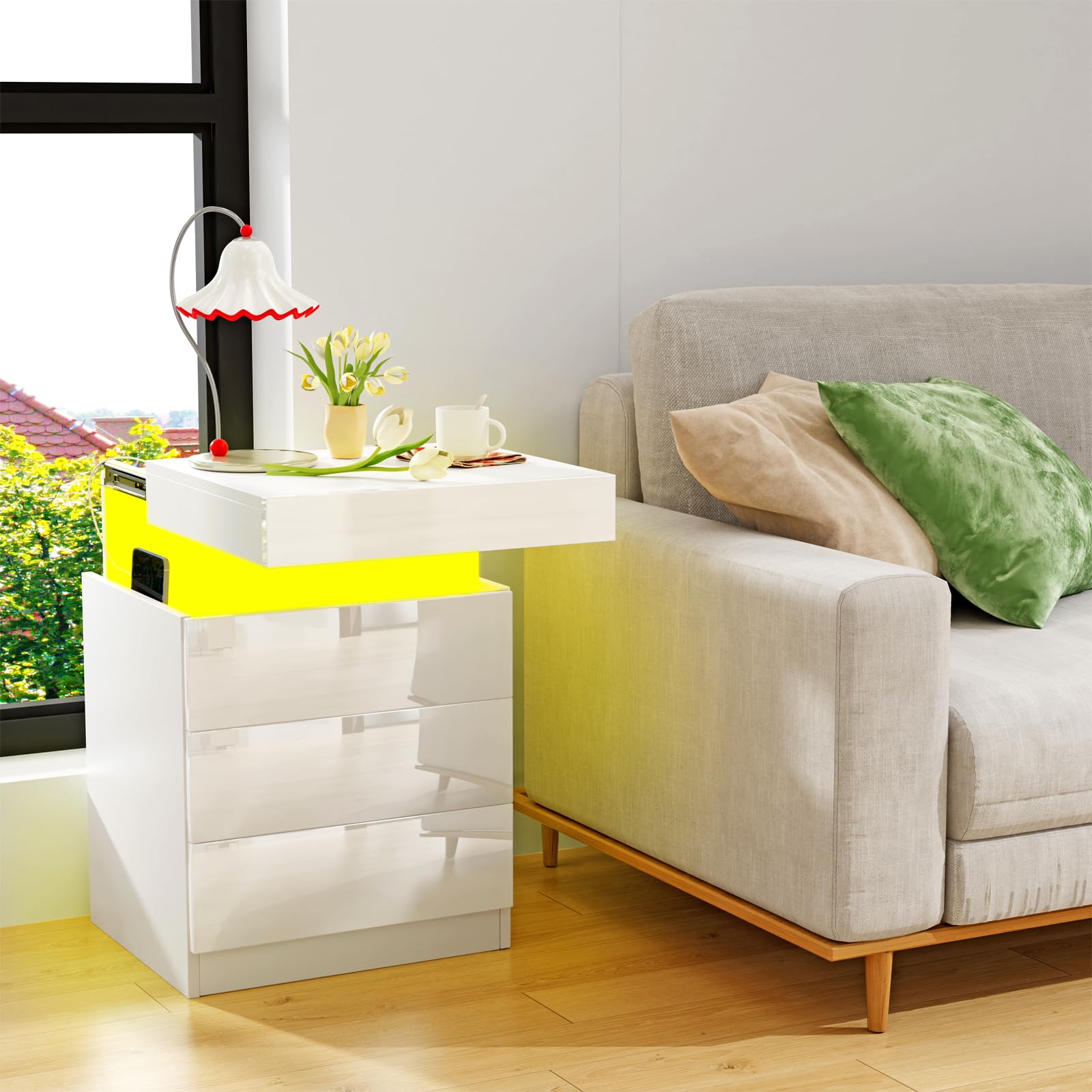 Mesitas de Noche led, Inteligente, Tapa Push-Pull, 3 Cajones Brillo