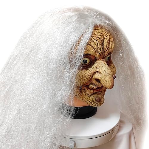 ZDOVLZZPON Halloween Witch Mask with White Hair, Latex Costume Accessory, Creepy Old Character Design - Image 3