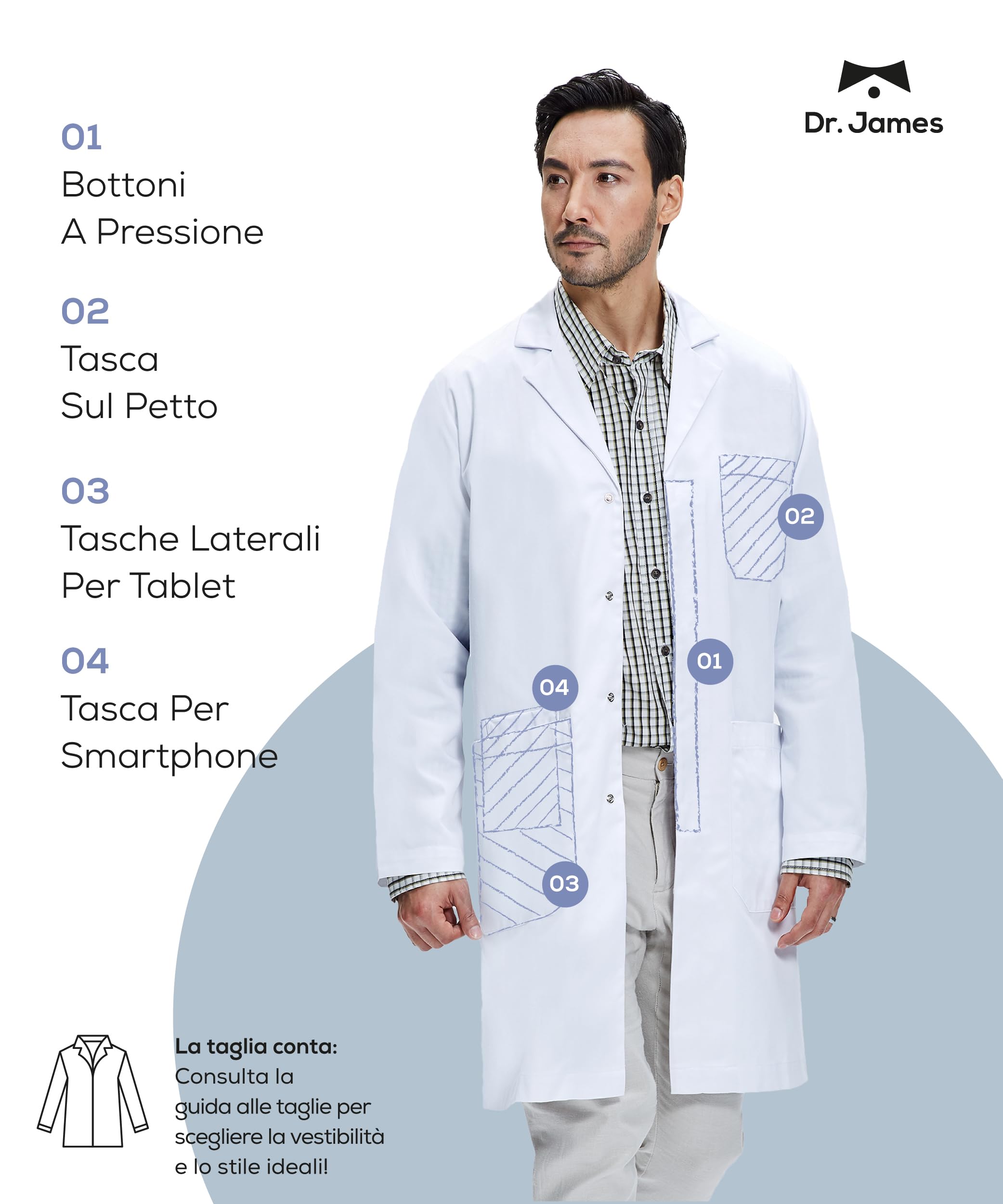 Dr. James Camice da Laboratorio Premium 100% Cotone Unisex Uomo e Donna, Vestibilità Classica, Chiusura con Bottoni a Pressione a Scomparsa, Tasche per Smartphone, Certificato OEKO-TEX