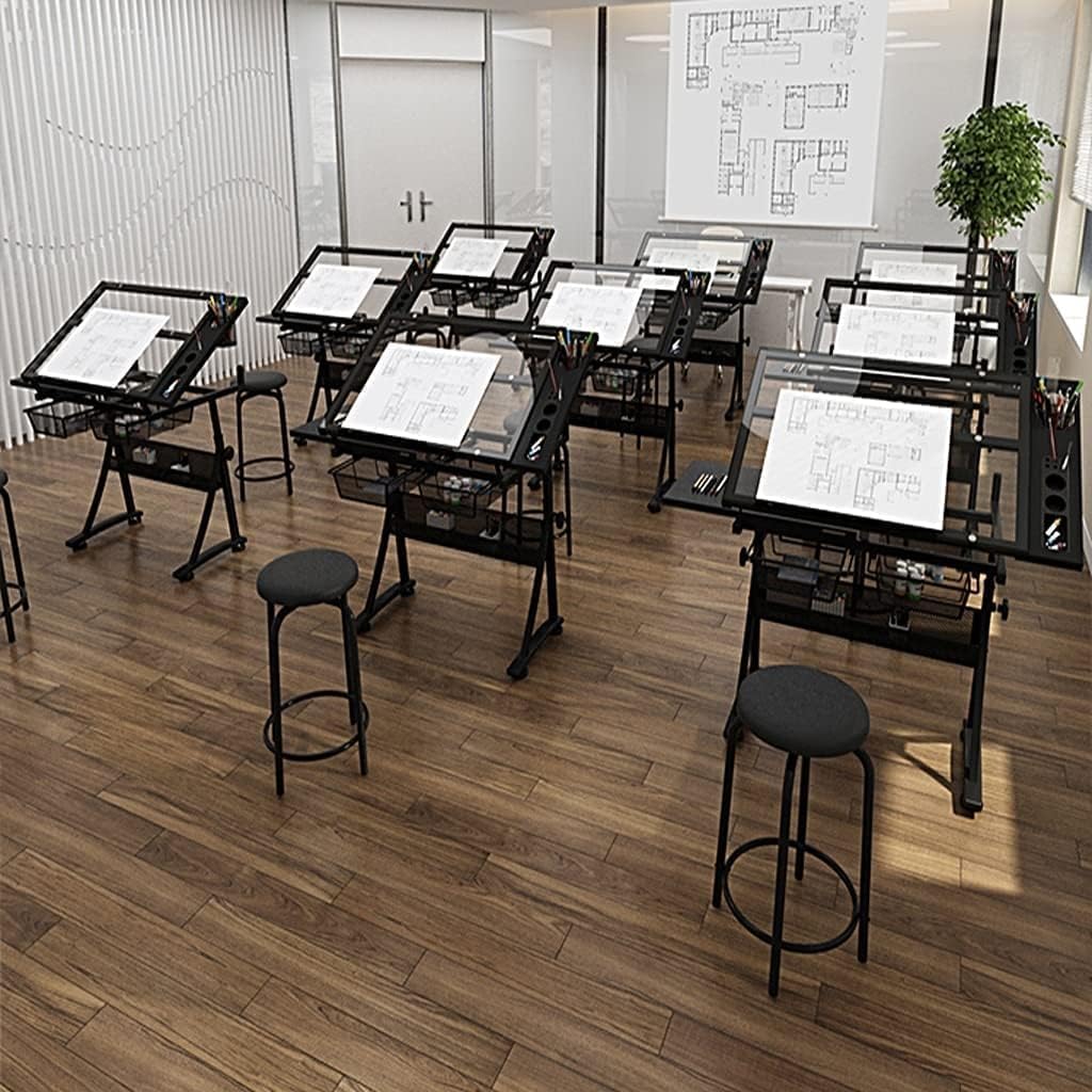 Adjustable Glass Drafting Table with Stool, Multifunctional Art Desk for Drawing, Painting & Drafting, Sturdy Metal Frame with Storage Drawers & Side Tray, Ideal for Artists, Designers