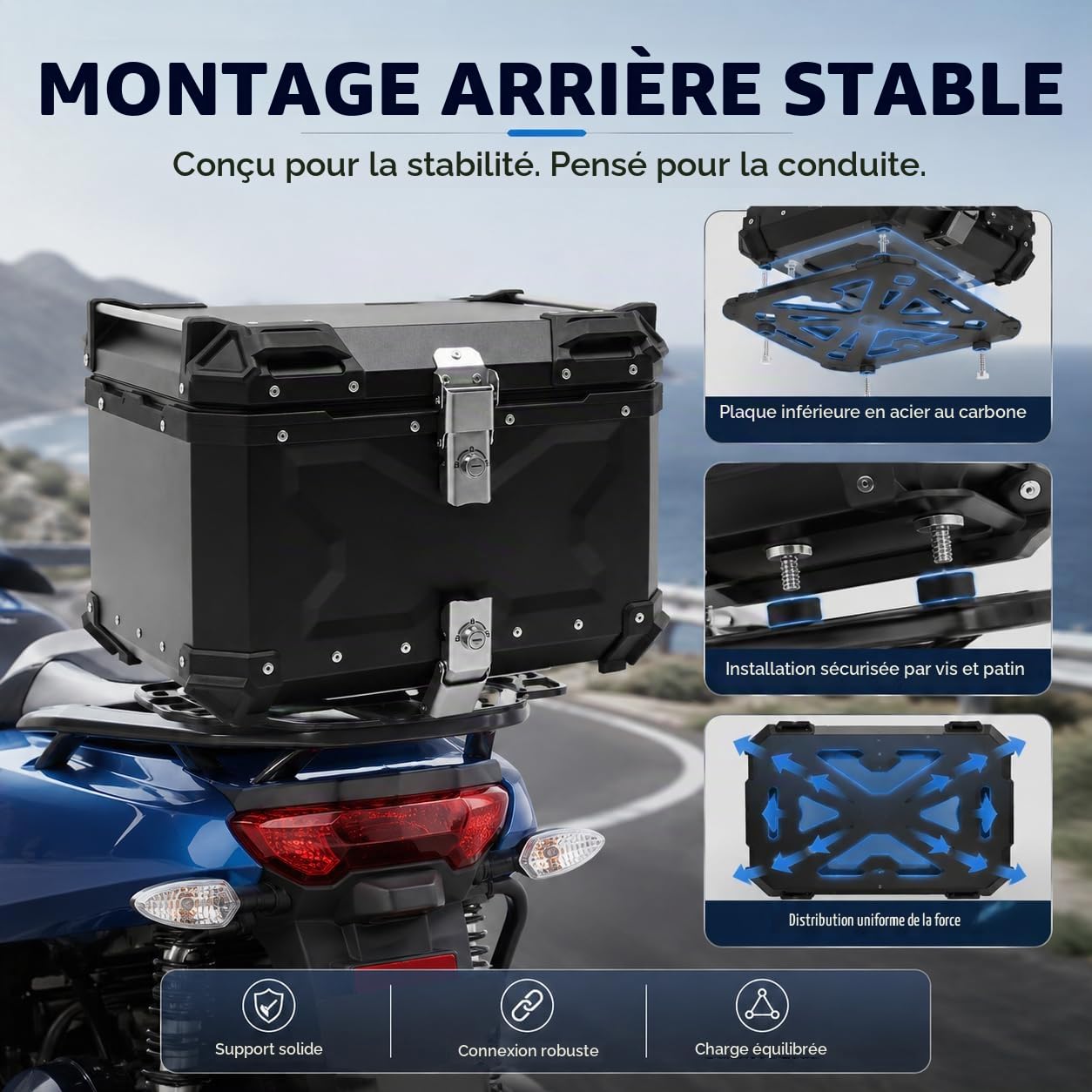 Moto Top Case Universel Boîte de Queue de Moto Coffres Motos pour Rangement Casques avec clé,Résistant à l'eau,pour Ranger Vêtements, Chaussures, Casques, Imperméables (55L)